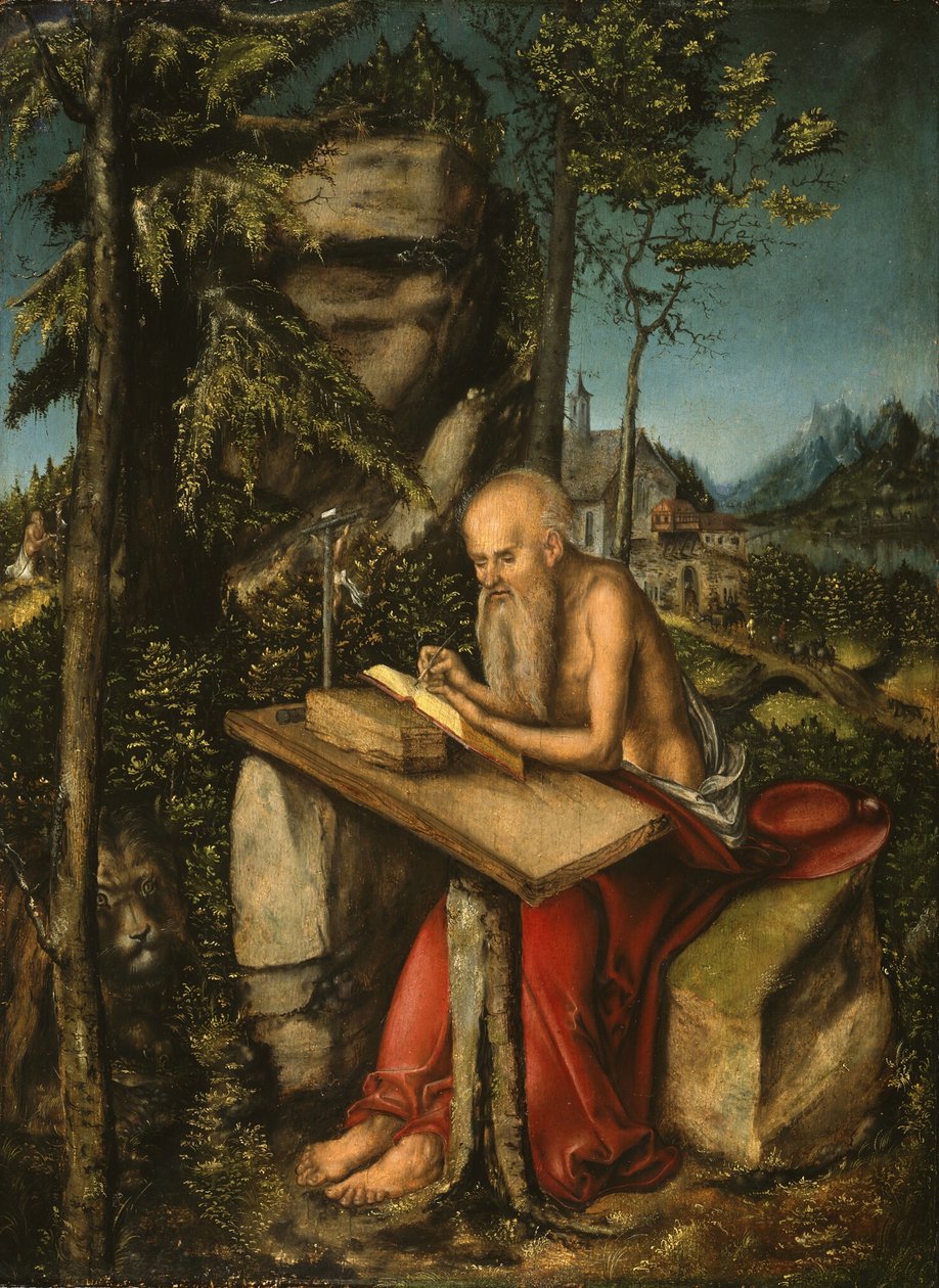 Sint Hiëronymus in een rotsachtig landschap door Lucas Cranach the Elder