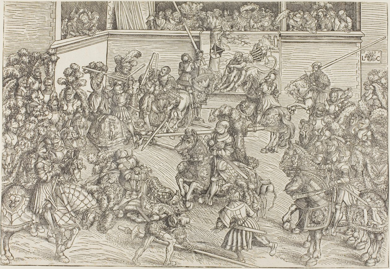 Het tweede toernooi met een wandtapijt met Samson en de leeuw door Lucas Cranach the Elder