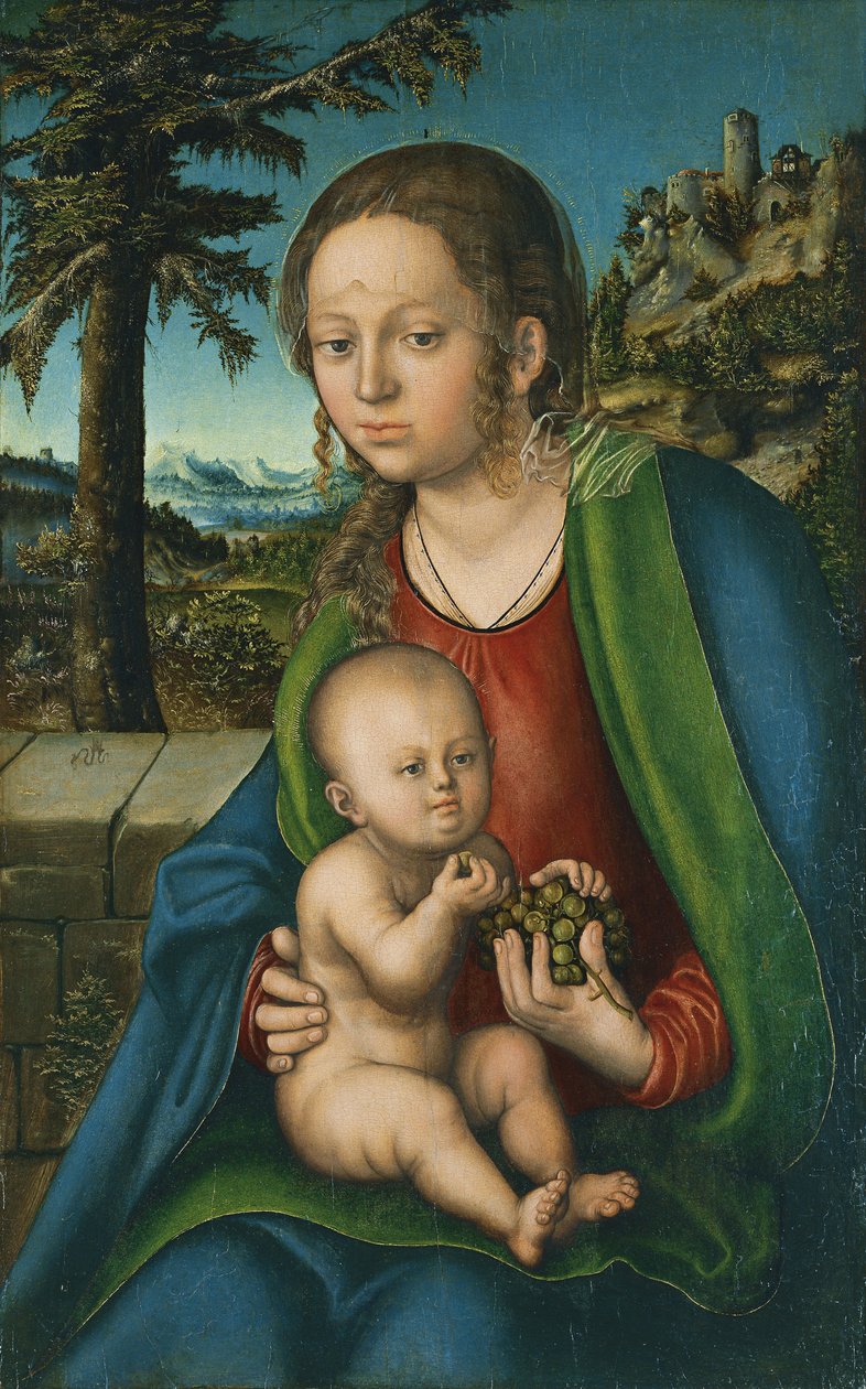 De Maagd met Kind met een tros druiven, ca 1509-1510 door Lucas Cranach the Elder