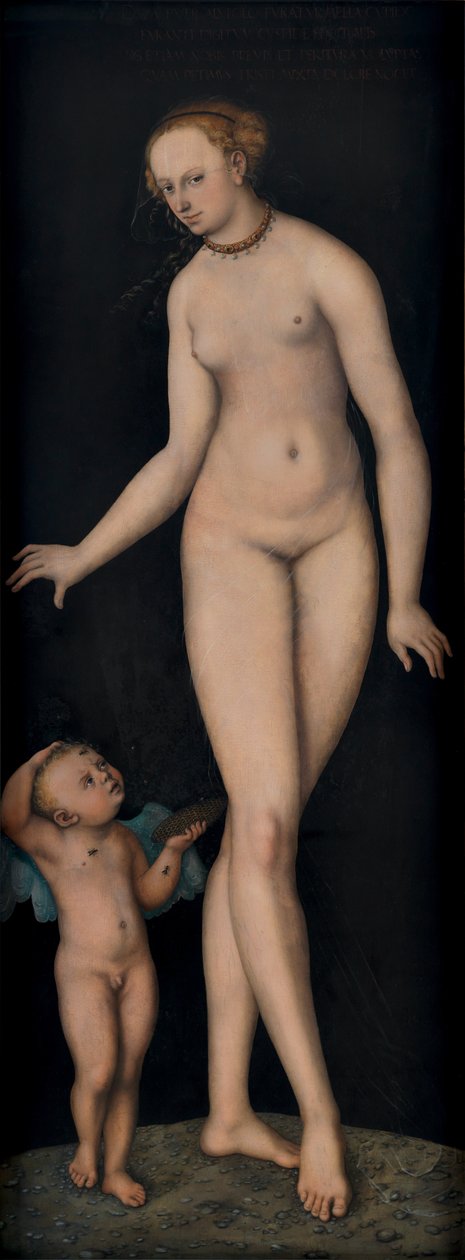 Venus met Amor als honingdief voor zwarte achtergrond door Lucas Cranach the Elder