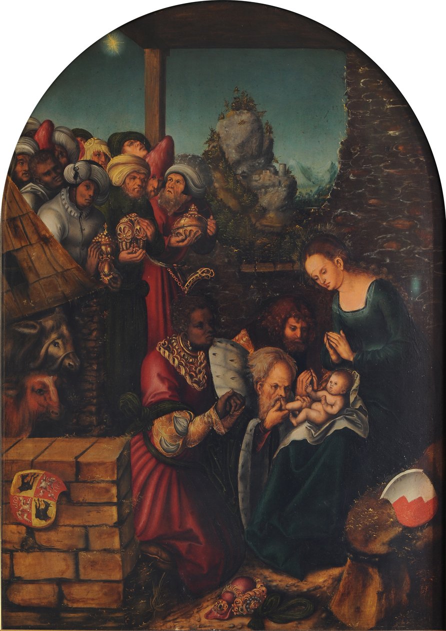 Duits: Die Anbetung der Heiligen Drei Könige De aanbidding van de koningen door Lucas Cranach the Elder and workshop