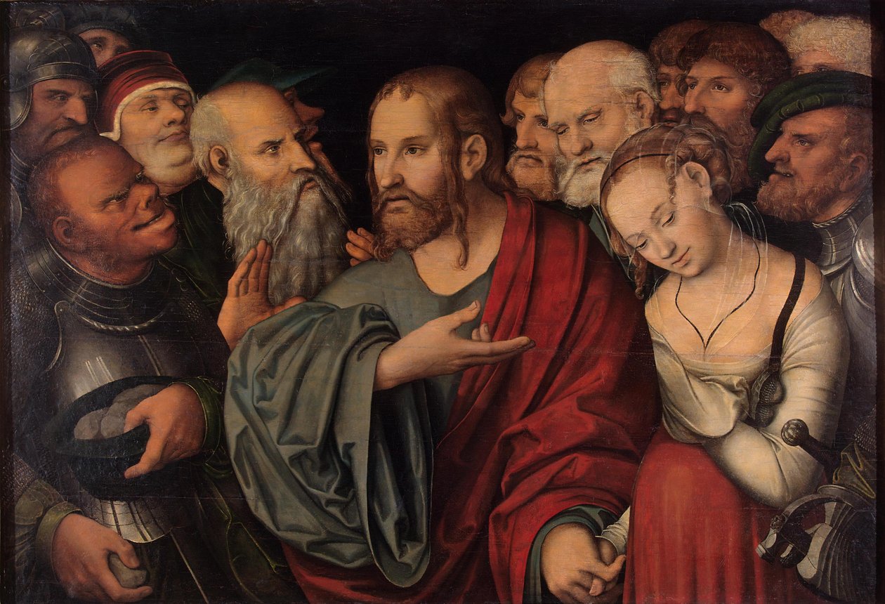 Christus en de overspelige vrouw door Lucas Cranach the Younger