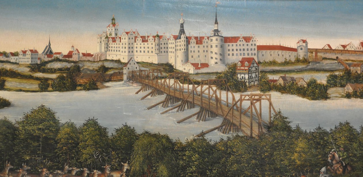 Duits: Hertenjacht van keurvorst Johann Friedrich Hertenjacht van keurvorst Johann Friedrich
 detail: Kasteel Hartenfels in Torgau door Lucas Cranach the Younger