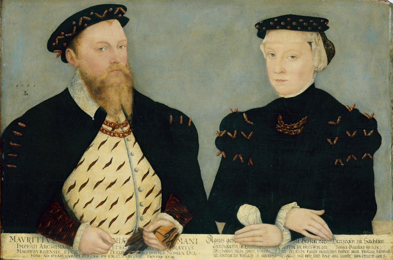 Duits: Keurvorst Moritz van Saksen (1521-1553) en zijn vrouw Agnes (1527-1555) Moritz, Keurvorst van Saksen en zijn vrouw Agnes door Lucas Cranach the Younger