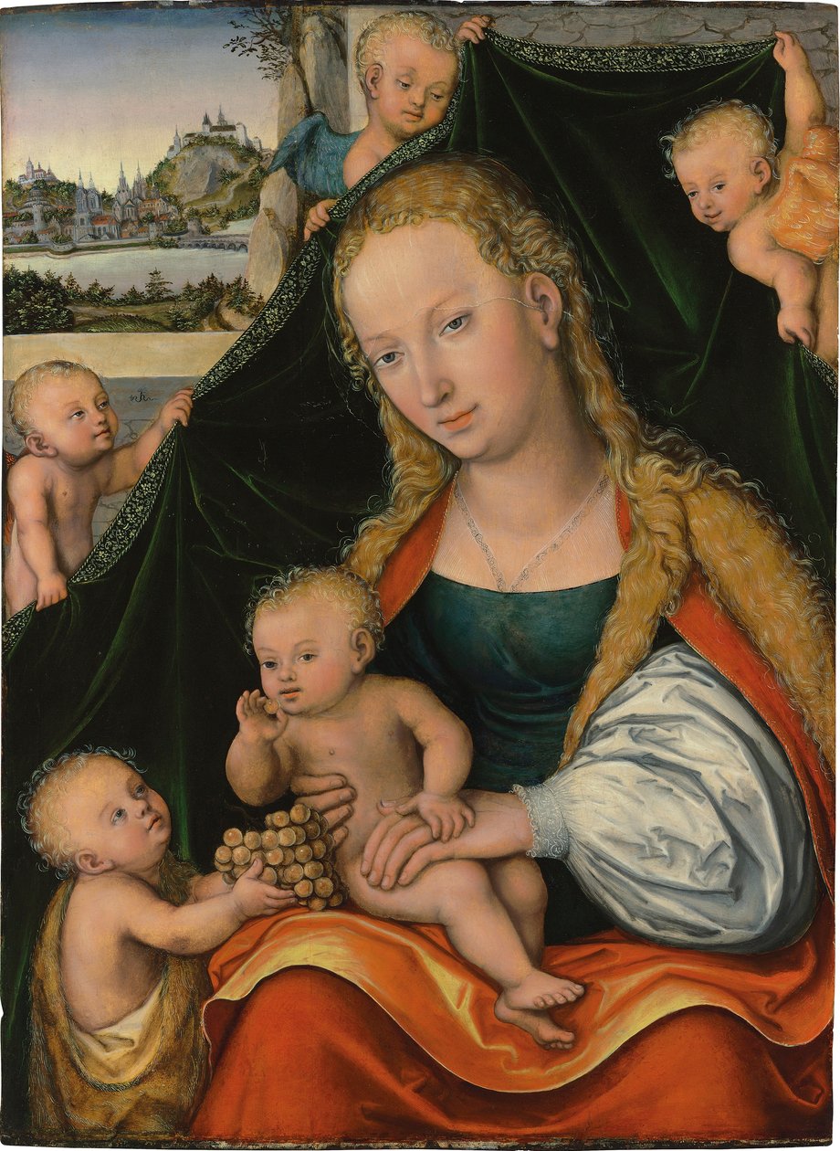 Duits: Madonna und Kind mit dem Johannesknaben und Engeln De Maagd en het Kind met het Kind Johannes de Doper en Engelen door Lucas Cranach the Younger