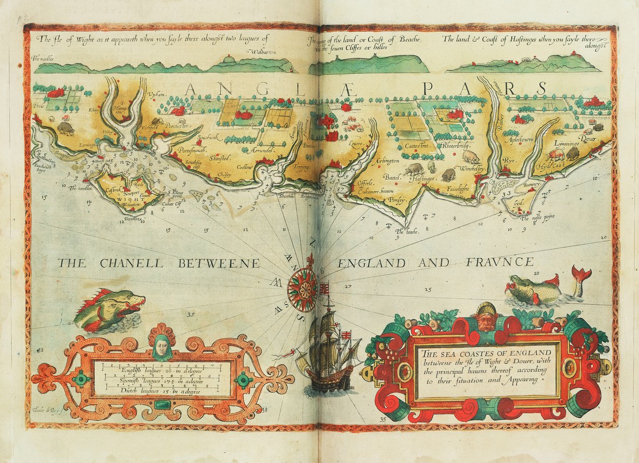 De zeekusten van Engeland tussen het Isle of Wight en Dover, met de belangrijkste havens daarvan volgens hun situatie en verschijning, c.1588 door Lucas Janszoon Waghenaer