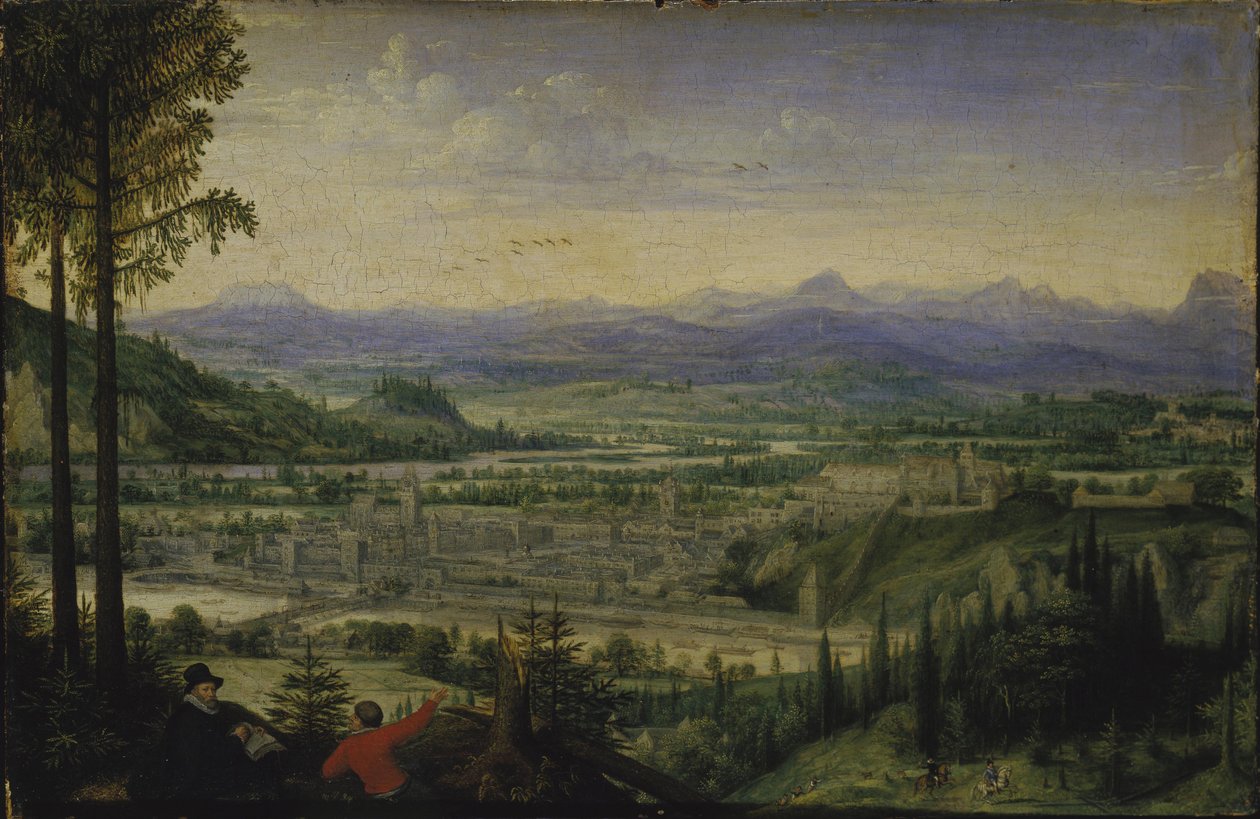 Uitzicht op Linz met kunstenaar die tekent op de voorgrond, 1593 door Lucas Valckenborch van