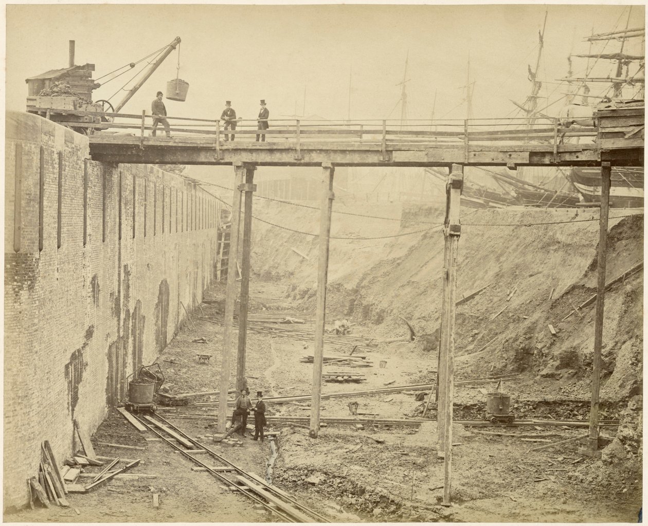 Bouw van het uitgebreide Limehouse Basin, Londen, mei 1869 door Lucas and Tuck