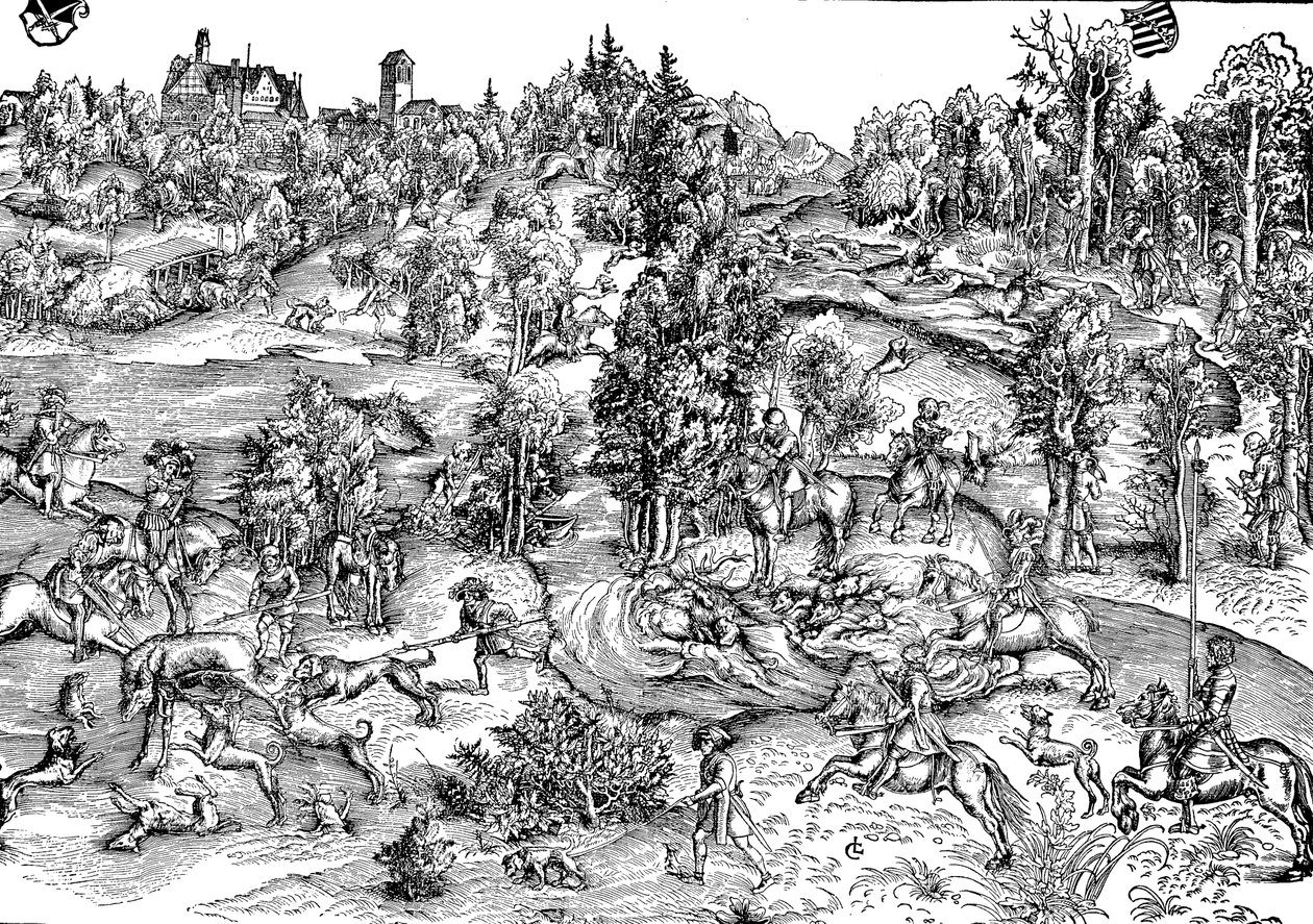 Hertenjacht op het platteland door Lucas the Elder (after) Cranach