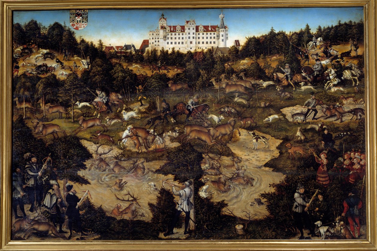 Jacht ter ere van Karel V in kasteel Torgau door Lucas the Elder Cranach