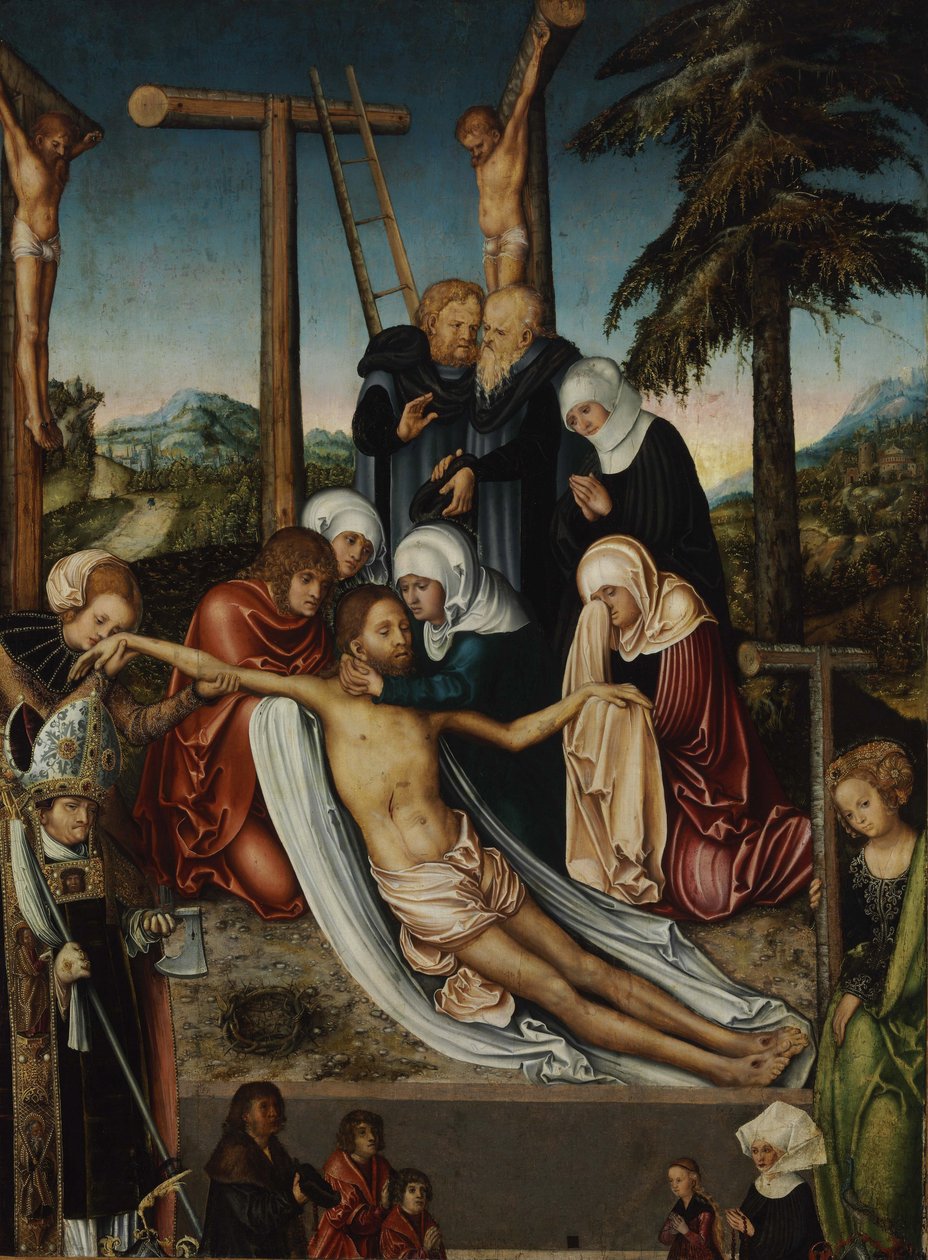 Rouw om de dode Christus met Sint Wolfgang en Sint Helena