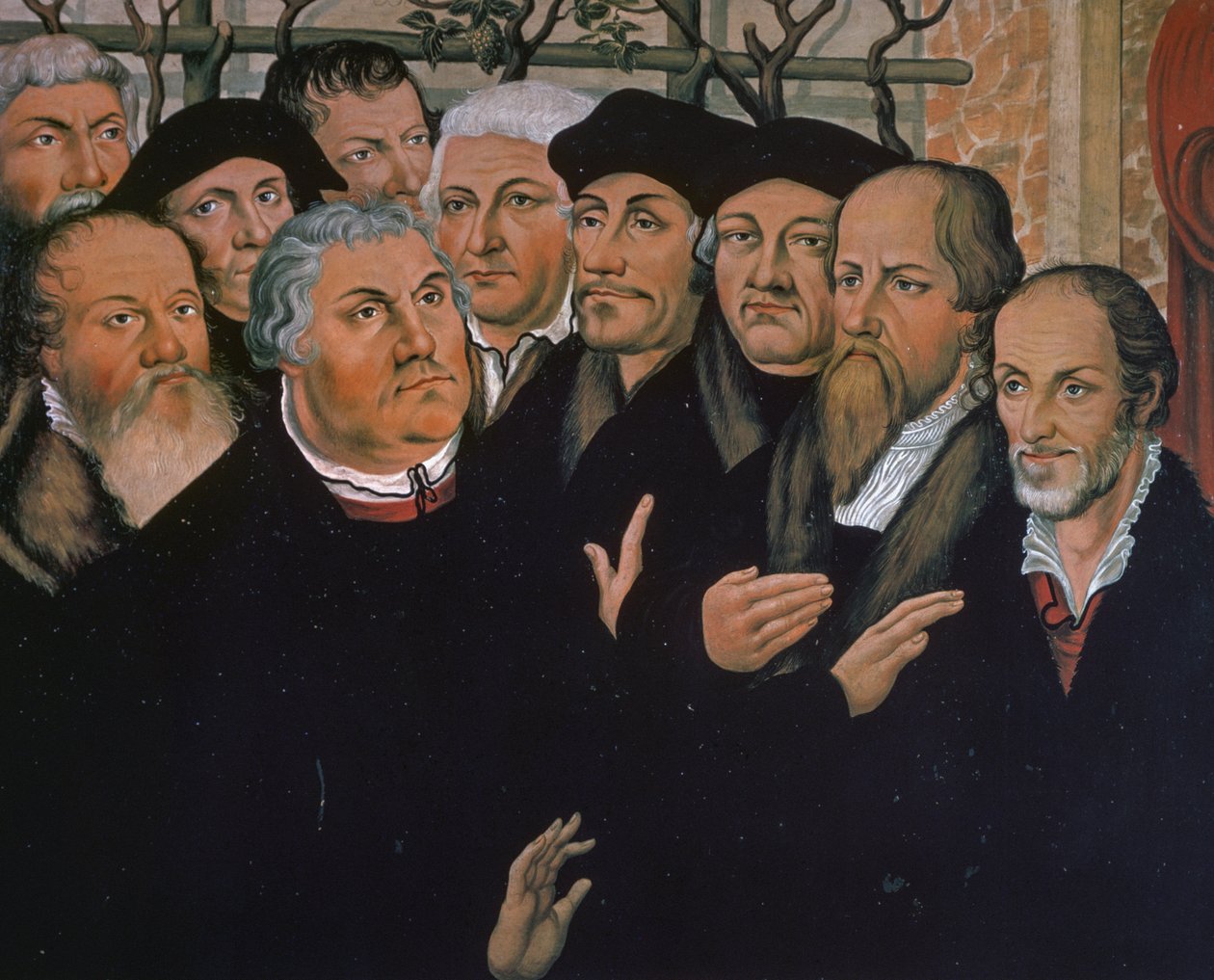 Maarten Luther met vertegenwoordigers van de protestantse reformatie, rechts Melanchthon, in het midden Erasmus van Rotterdam, detail van de Opstanding van Lazarus, schilderij door Lucas Cranach de Oude door Lucas the Elder Cranach
