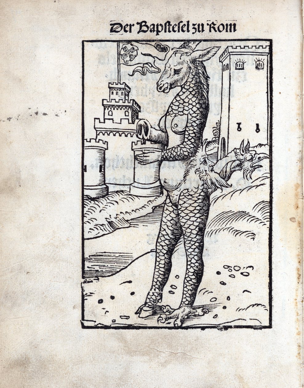 De Bapstesel zu Rom (De Paapse Ezel of De Pauselijke Ezel van Rome), door Lucas Cranach de Oude (1472-1553). Houtsnede door Lucas the Elder Cranach