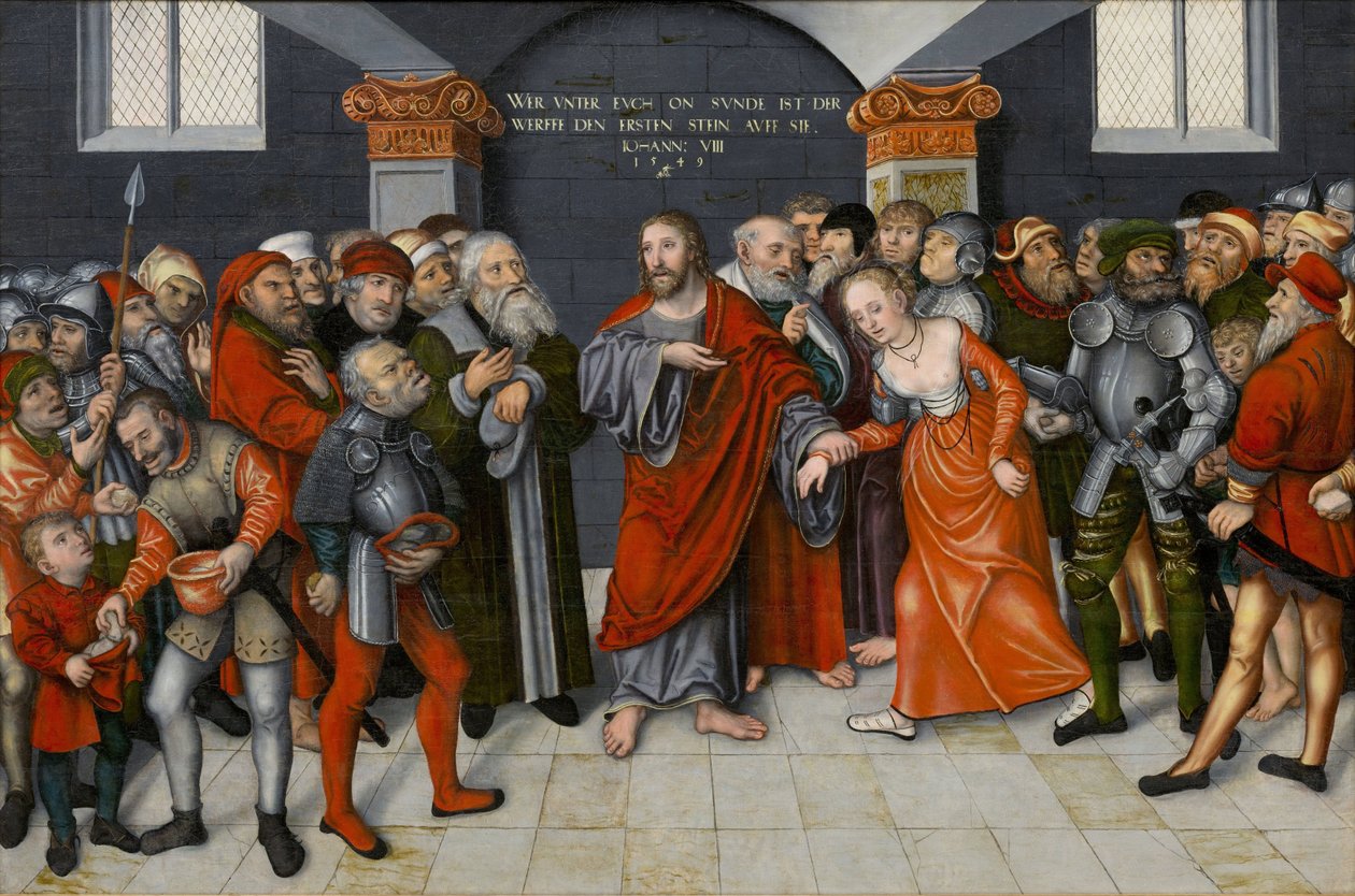 Christus en de overspelige vrouw door Lucas the Younger Cranach