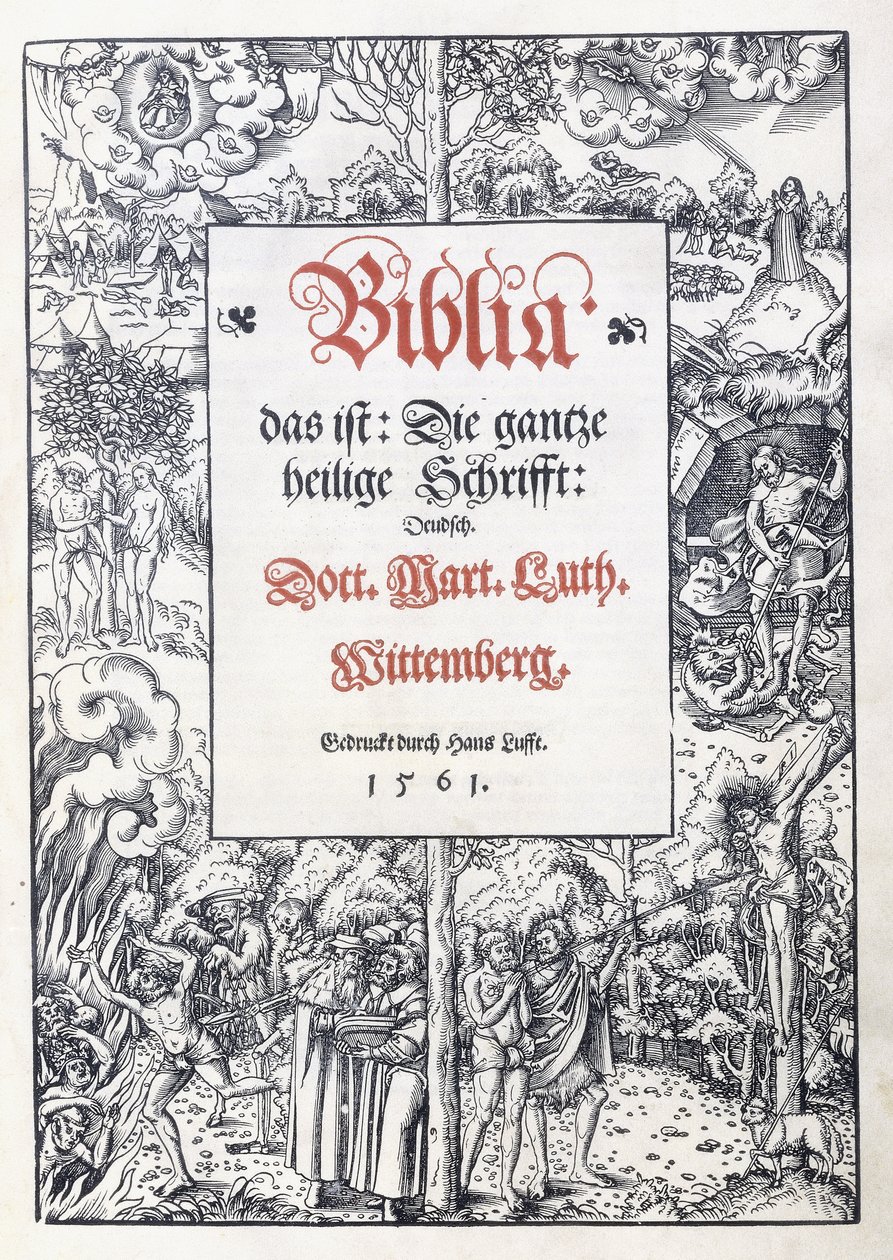 Titelpagina, met een fijne picturale rand uit "Biblia, das ist: Die gantze heilige Schrifft: Deudsch", vertaald door Martin Luther, 1560-1561 door Lucas the Younger Cranach