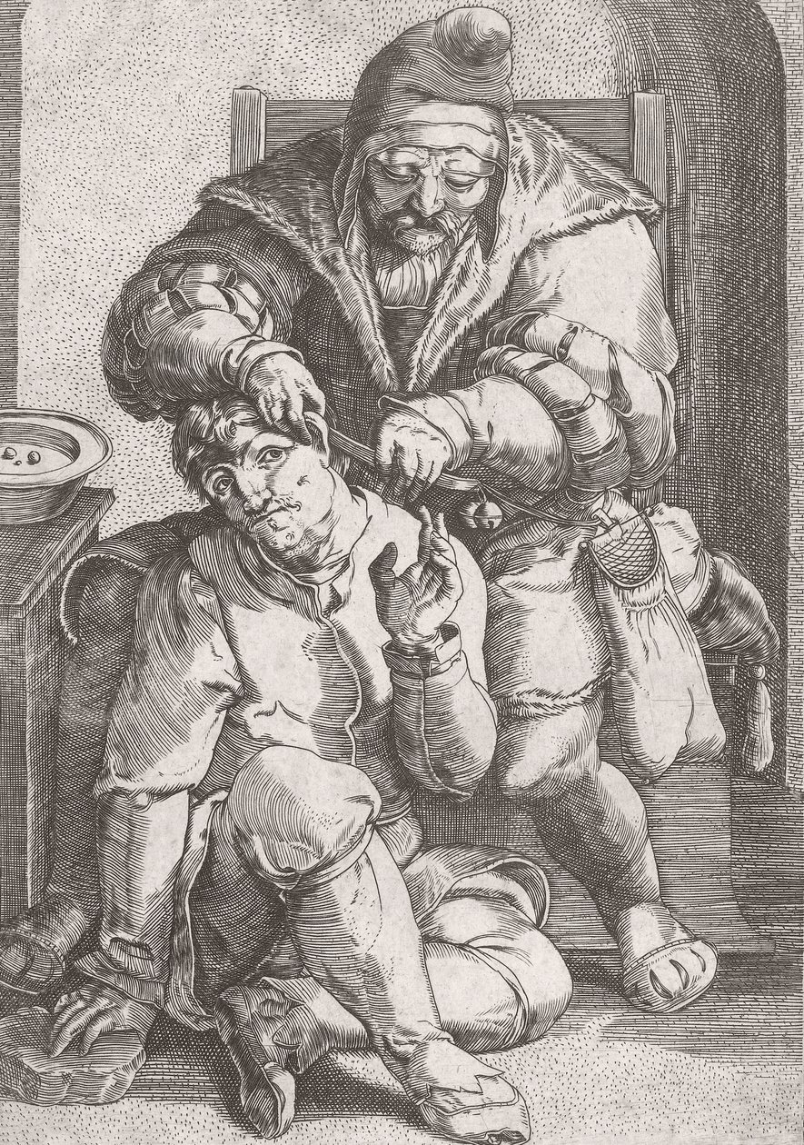 17e-eeuwse barbier-chirurg die het oor van een patiënt behandelt door Lucas van (after) Leyden