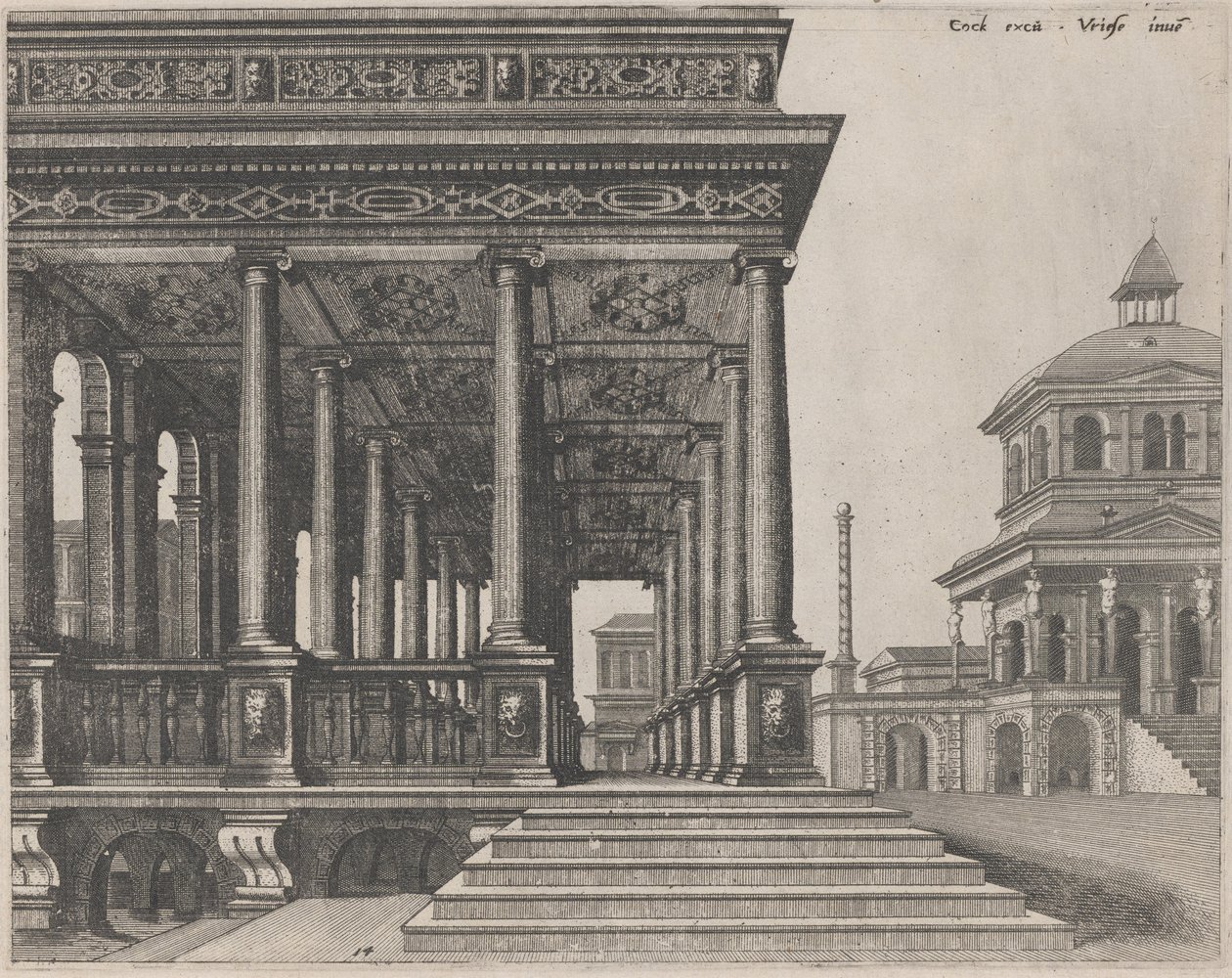 Een Hal met Ionische Zuilen door Lucas van Doetechum and Johannes