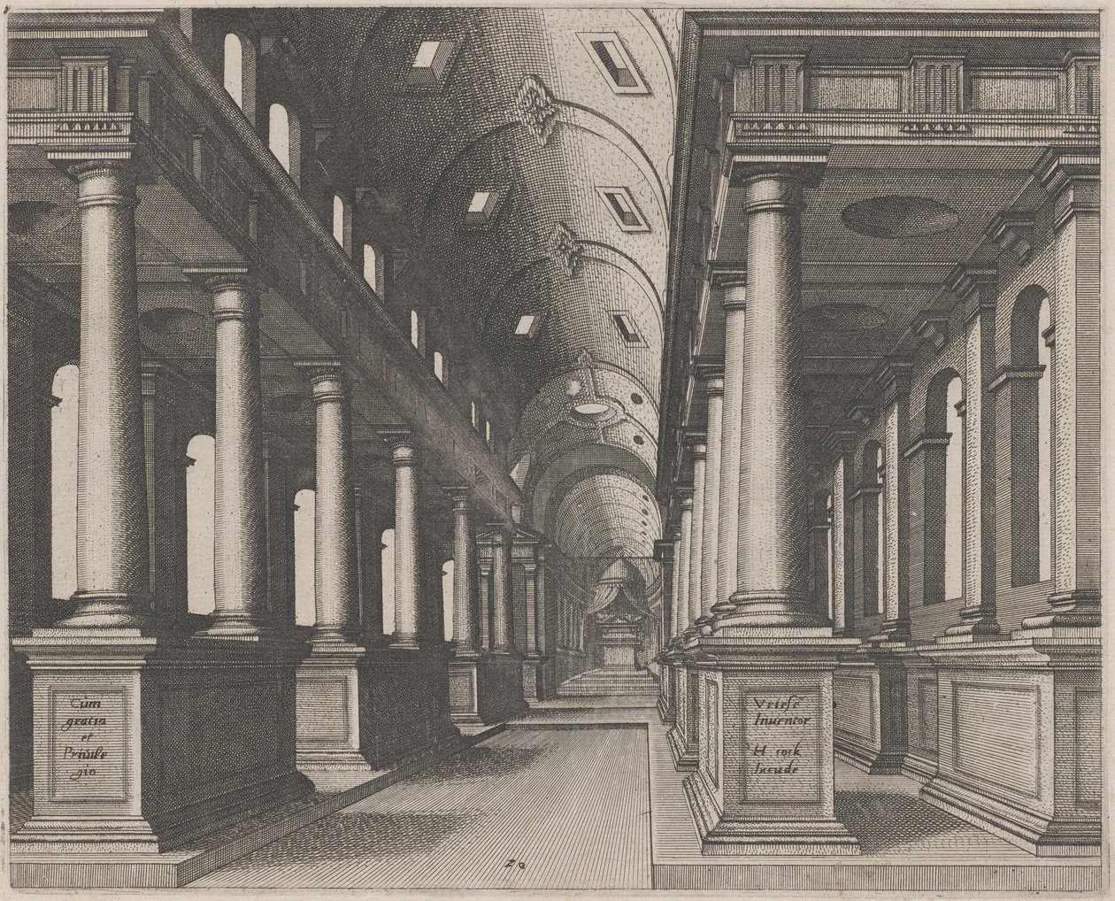 Interieur van een kerk met een tongewelf door Lucas van Doetechum and Johannes
