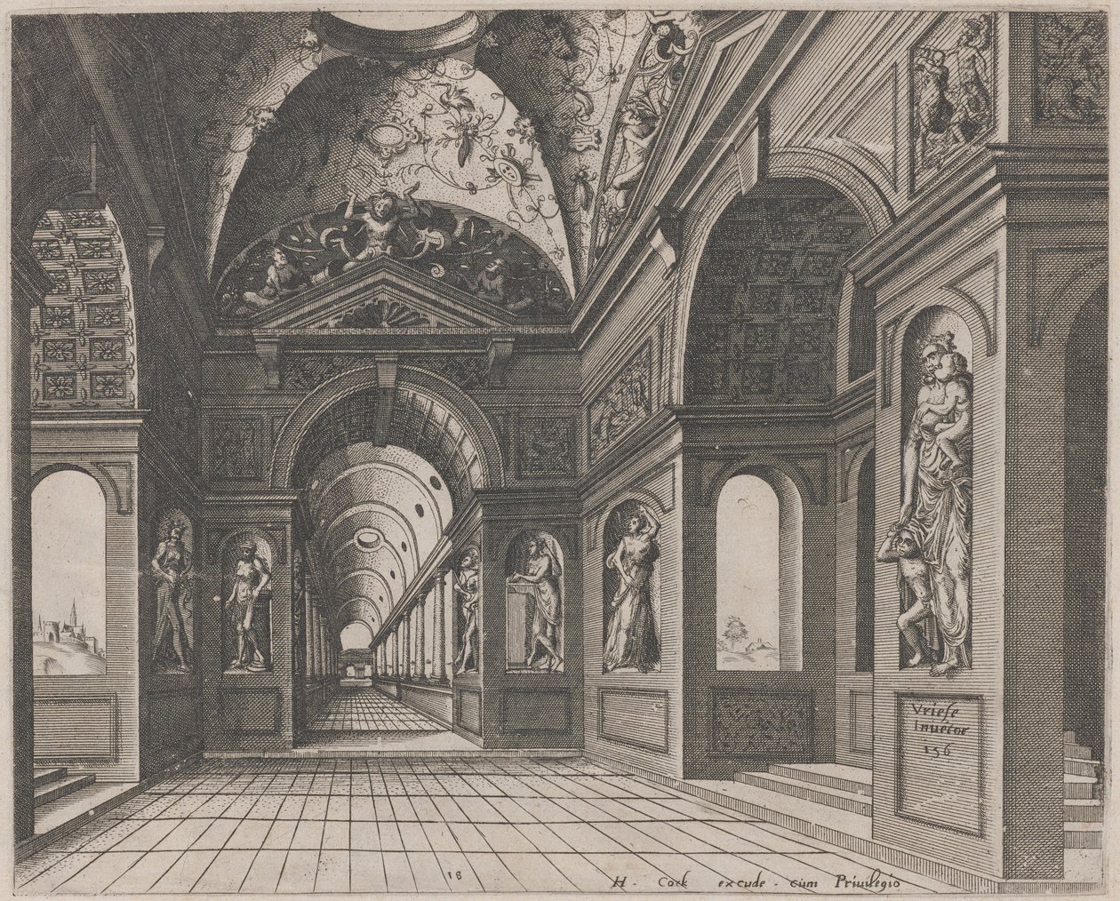 Interieur van een Kruisgewelfde Hal Versierd met Grotesken door Lucas van Doetechum and Johannes