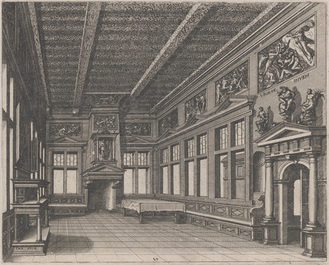 Interieur met Buffet, Schouw en Religieuze Schilderijen door Lucas van Doetechum and Johannes