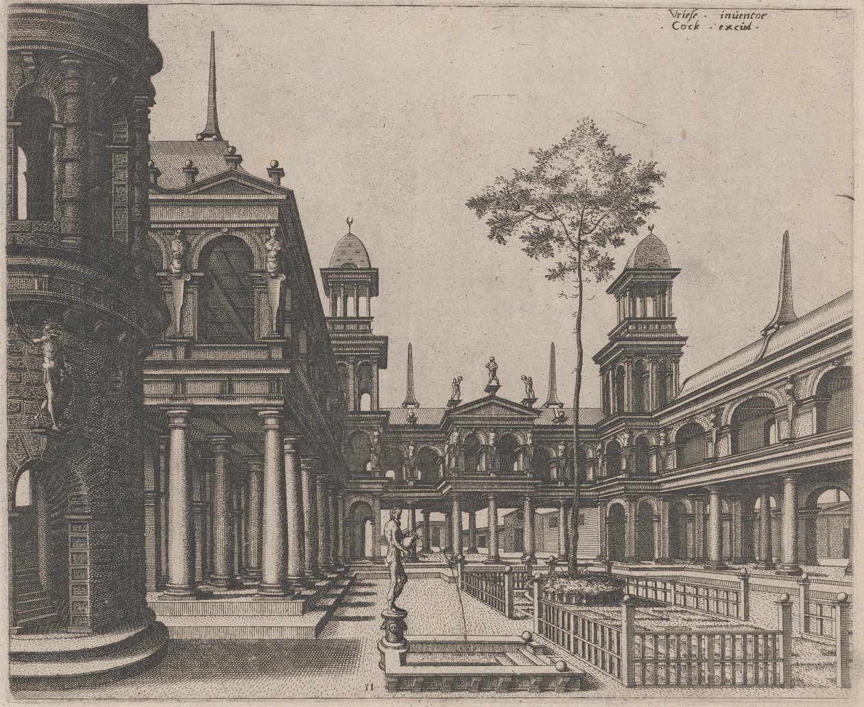 Plein met een Circulair Gebouw aan de Linkerkant en een Obelisk op de Achtergrond door Lucas van Doetechum and Johannes