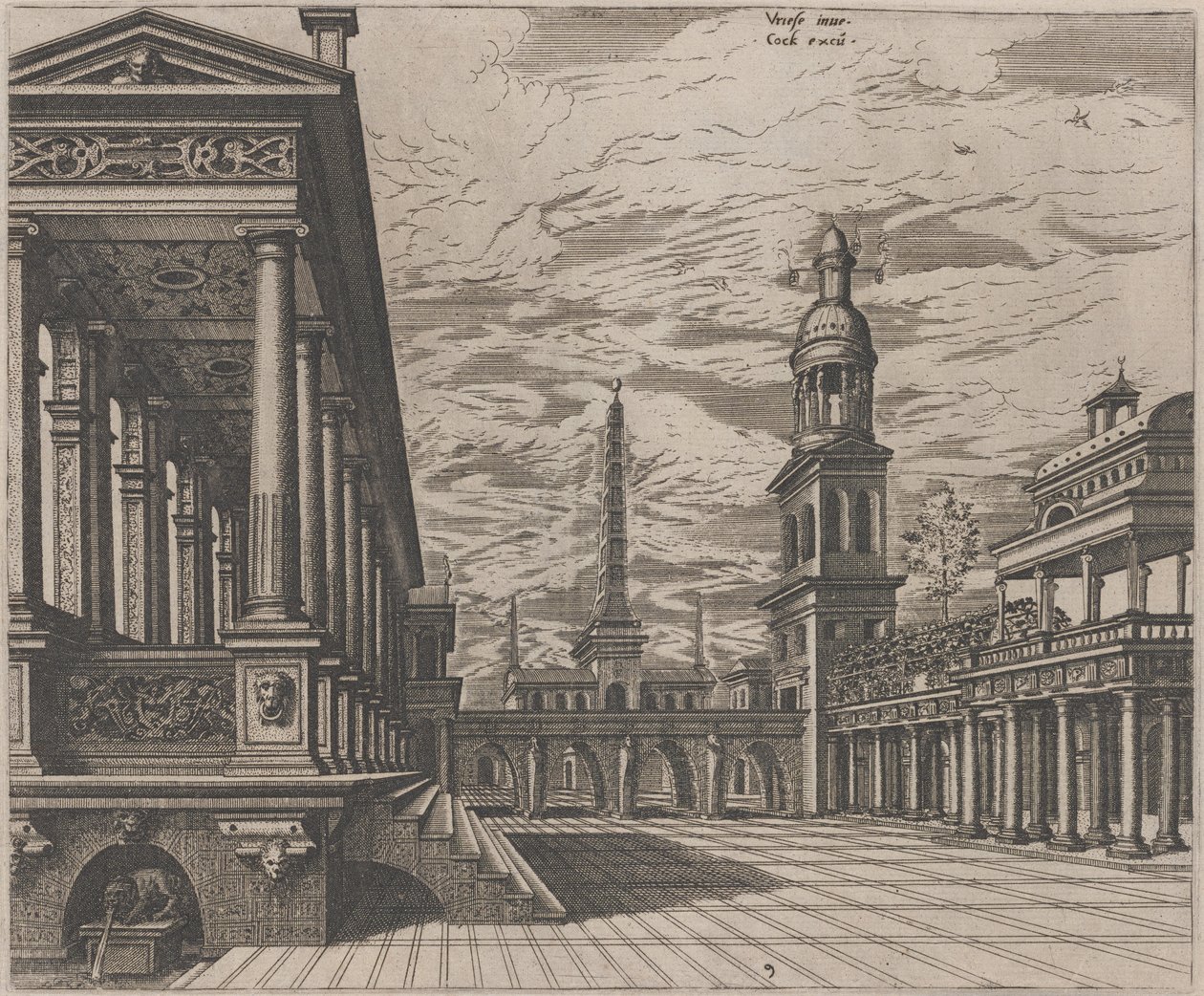 Stadsplein met een zuilengang links door Lucas van Doetechum and Johannes