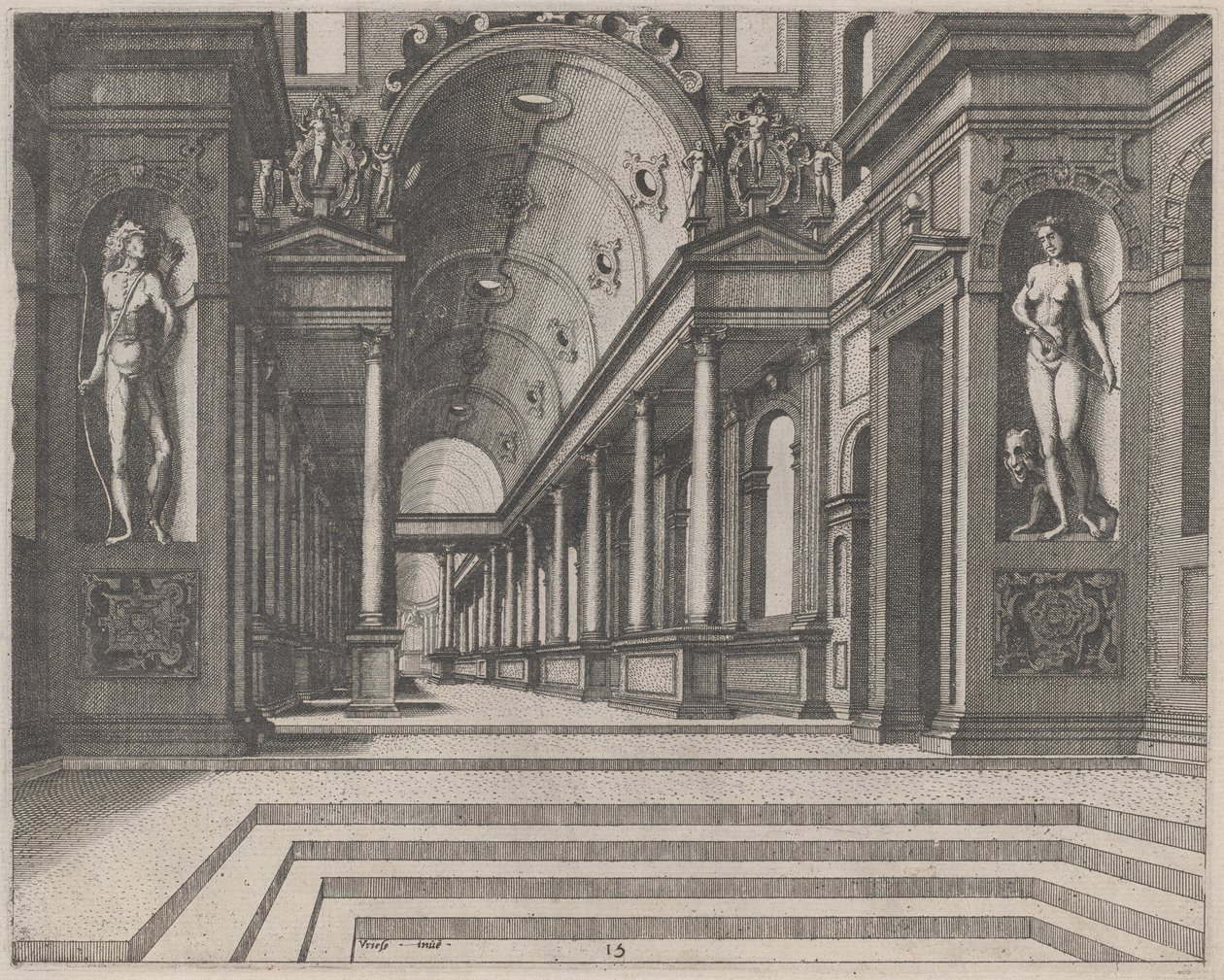 Uitzicht in een Kerk met Korinthische Zuilen en Beelden van Apollo, Melpomene en Mozes door Lucas van Doetechum and Johannes