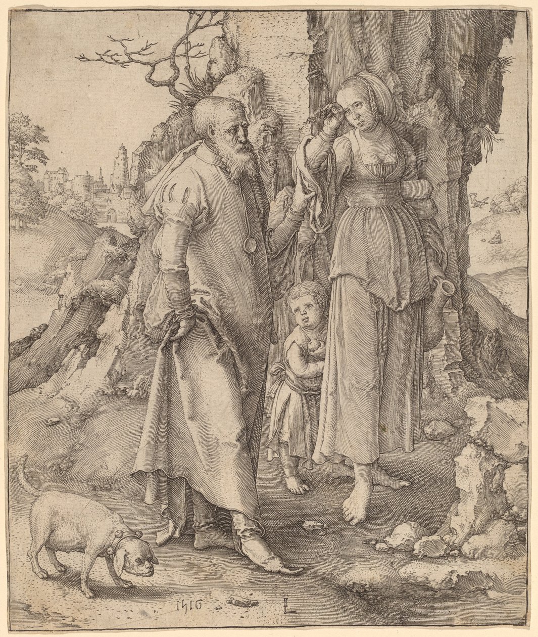 Abraham verstoot Hagar door Lucas van Leyden