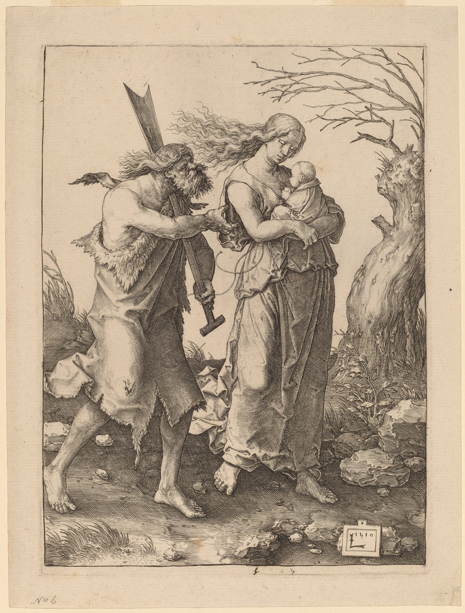Adam en Eva na hun verdrijving uit het paradijs door Lucas van Leyden