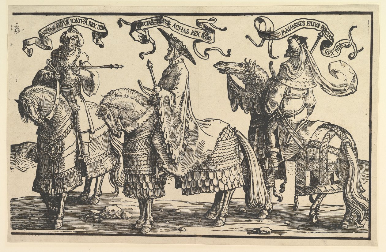 Ahaz, Hizkia, Manasses, uit De Twaalf Koningen van Israël door Lucas van Leyden