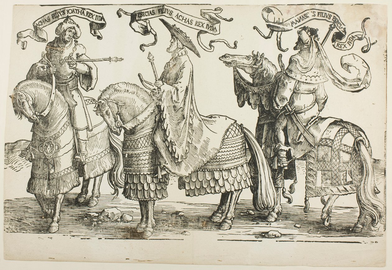 Achaz, Hizkia, Manasse, plaat vier, uit De twaalf koningen van Israël door Lucas van Leyden