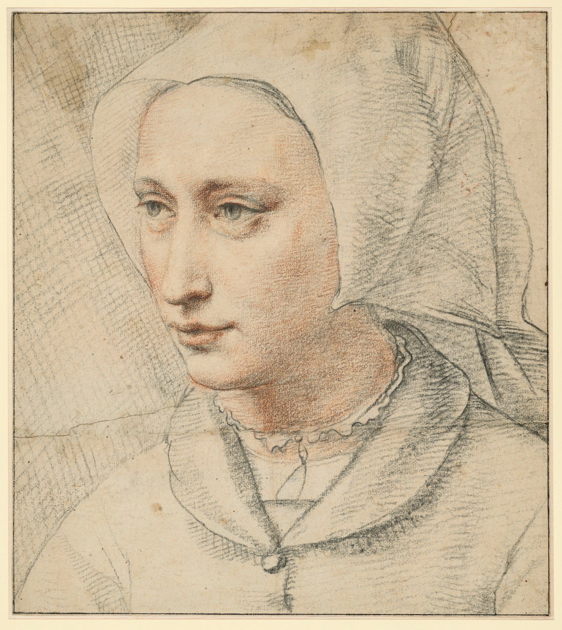 Busteportret van een vrouw met kap, half naar links gewend door Lucas van Leyden