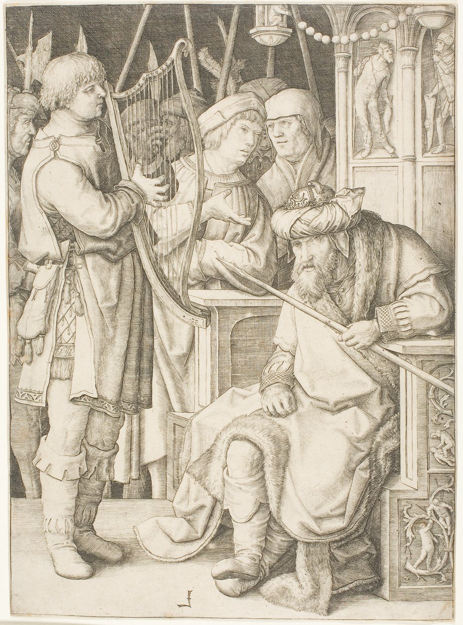 David Speelt de Harp voor Saul door Lucas van Leyden