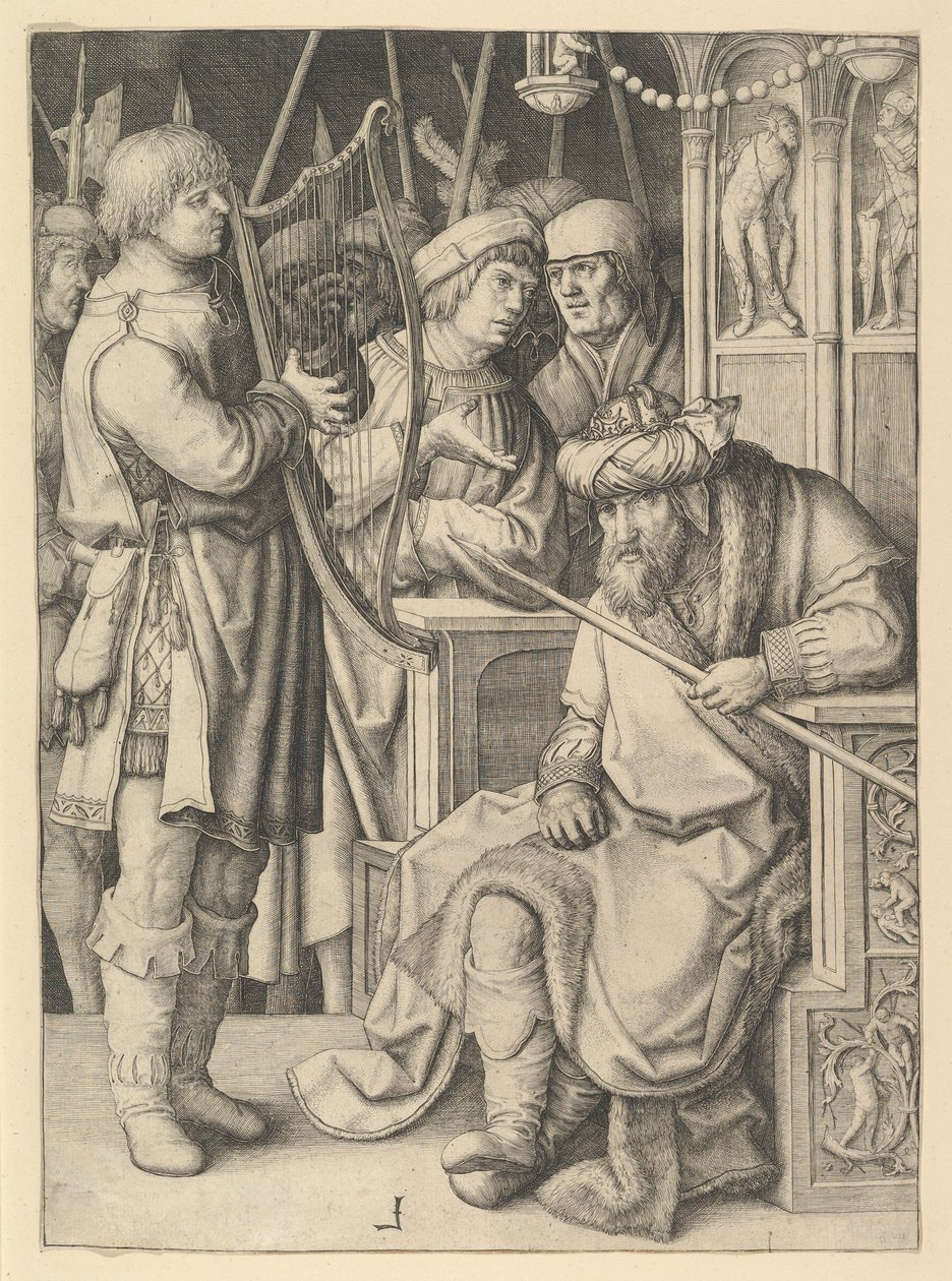 David speelt harp voor Saul door Lucas van Leyden