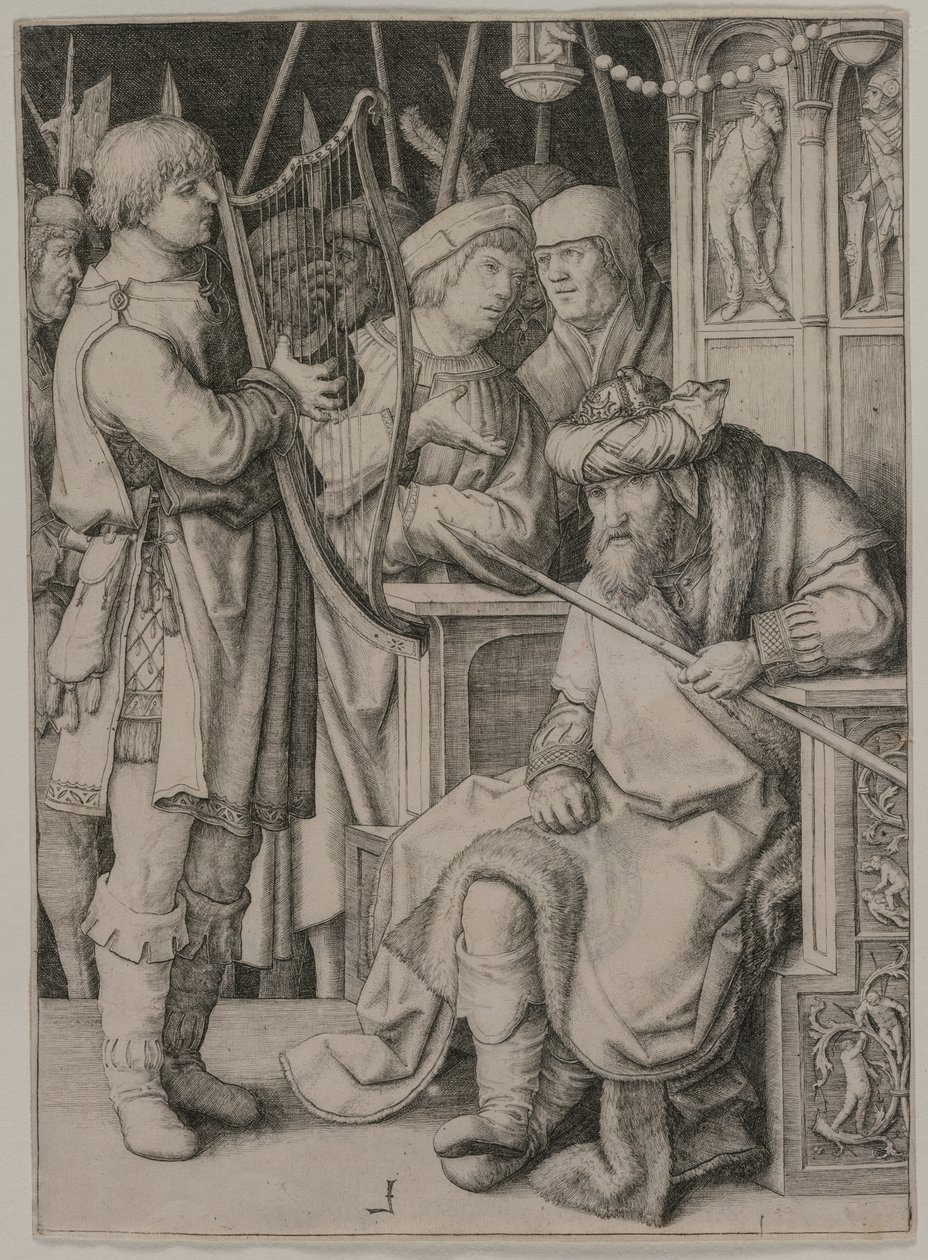 David speelt de harp voor Saul door Lucas van Leyden