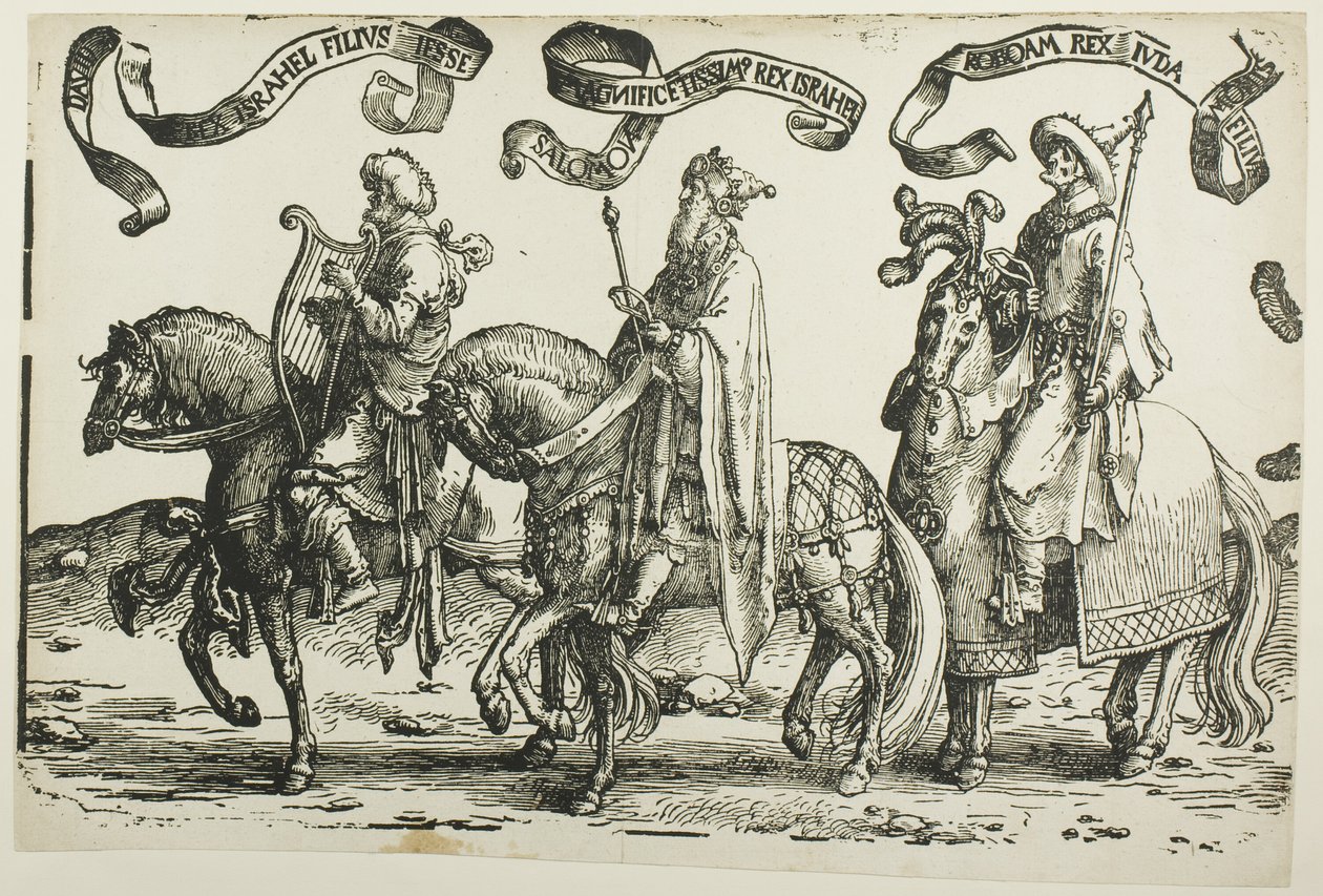 David, Salomo, Rehabeam, plaat één, uit De Twaalf Koningen van Israël door Lucas van Leyden
