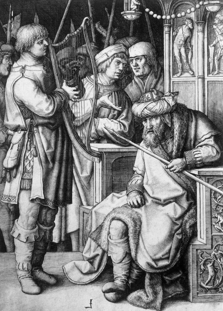 David speelt harp voor koning Saul, circa 1508, door Lucas van Leyden, gravure door Lucas van Leyden