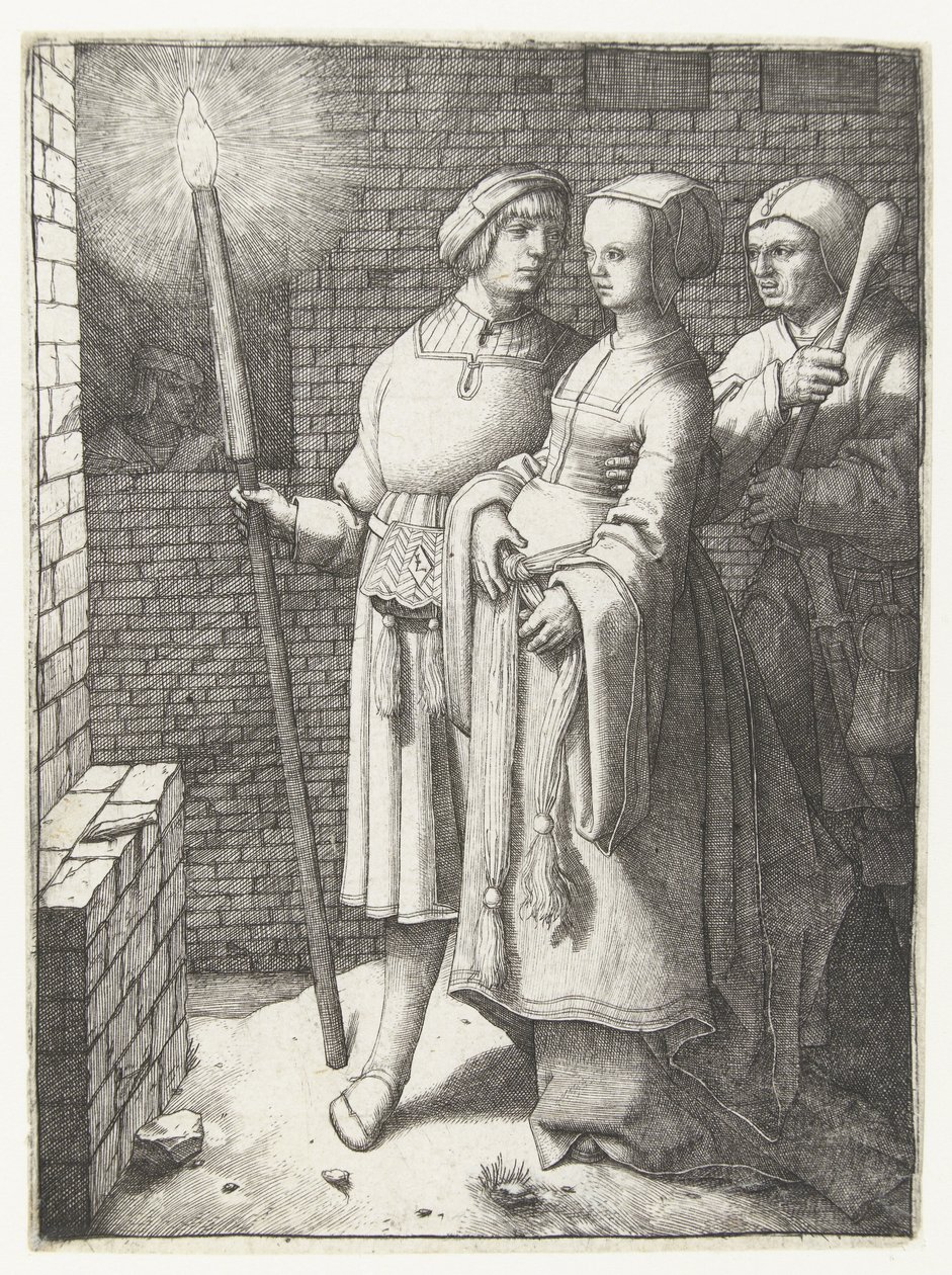 Jongeman met een toorts, een vrouw en een nar door Lucas van Leyden