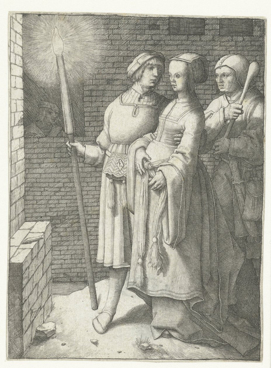 Jongeman met een toorts, een vrouw en een nar door Lucas van Leyden