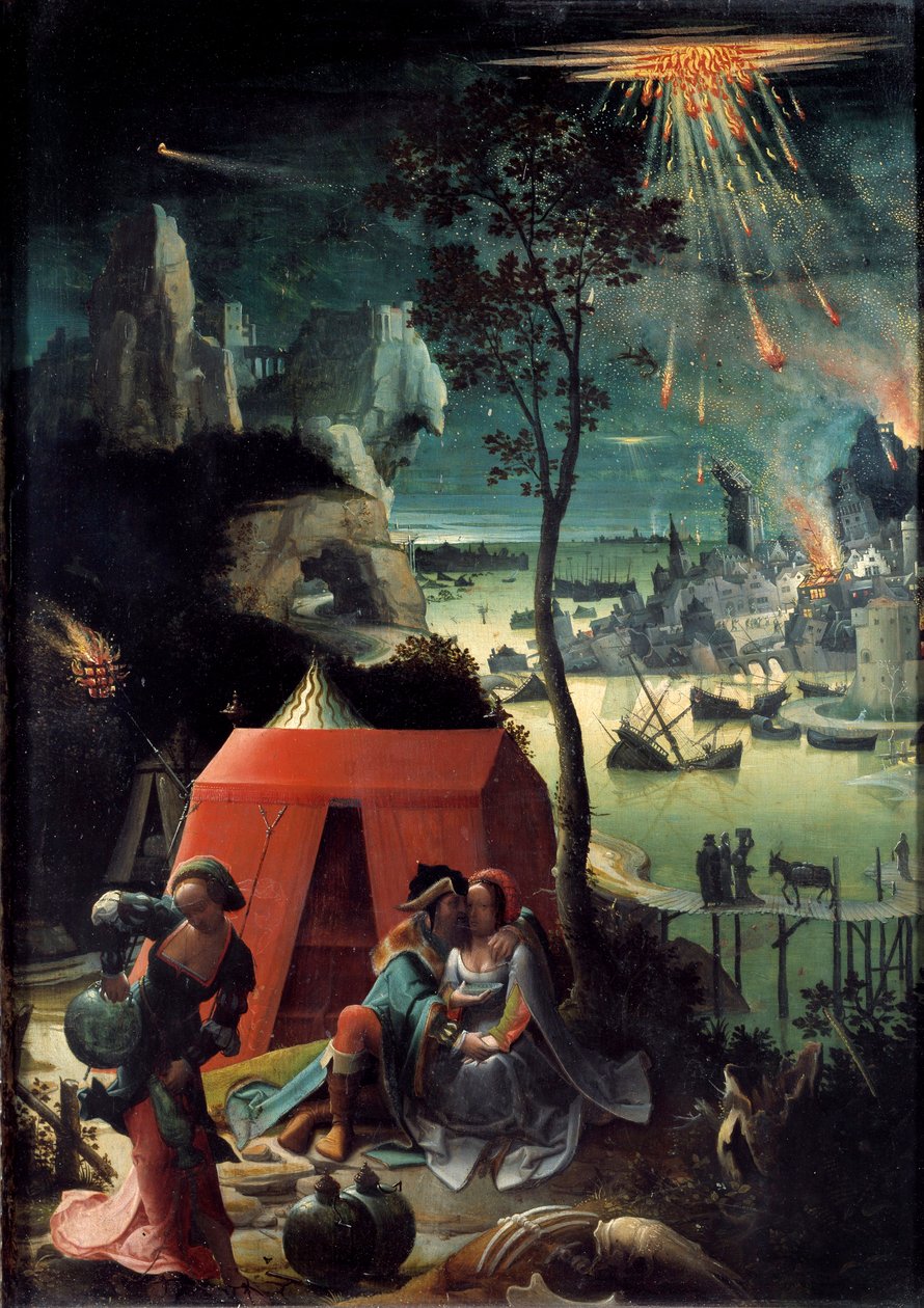 Lot en zijn dochters Lot omringt zijn twee dochters, toevlucht in de bergen om te ontsnappen aan de vernietiging van Sodom. Naakte meisjes bedwelmen hun vader. Schilderij door Lucas van Leyden (Lucas Hugensz of Lucas Jacobsz) (1494-1533) door Lucas van Leyden