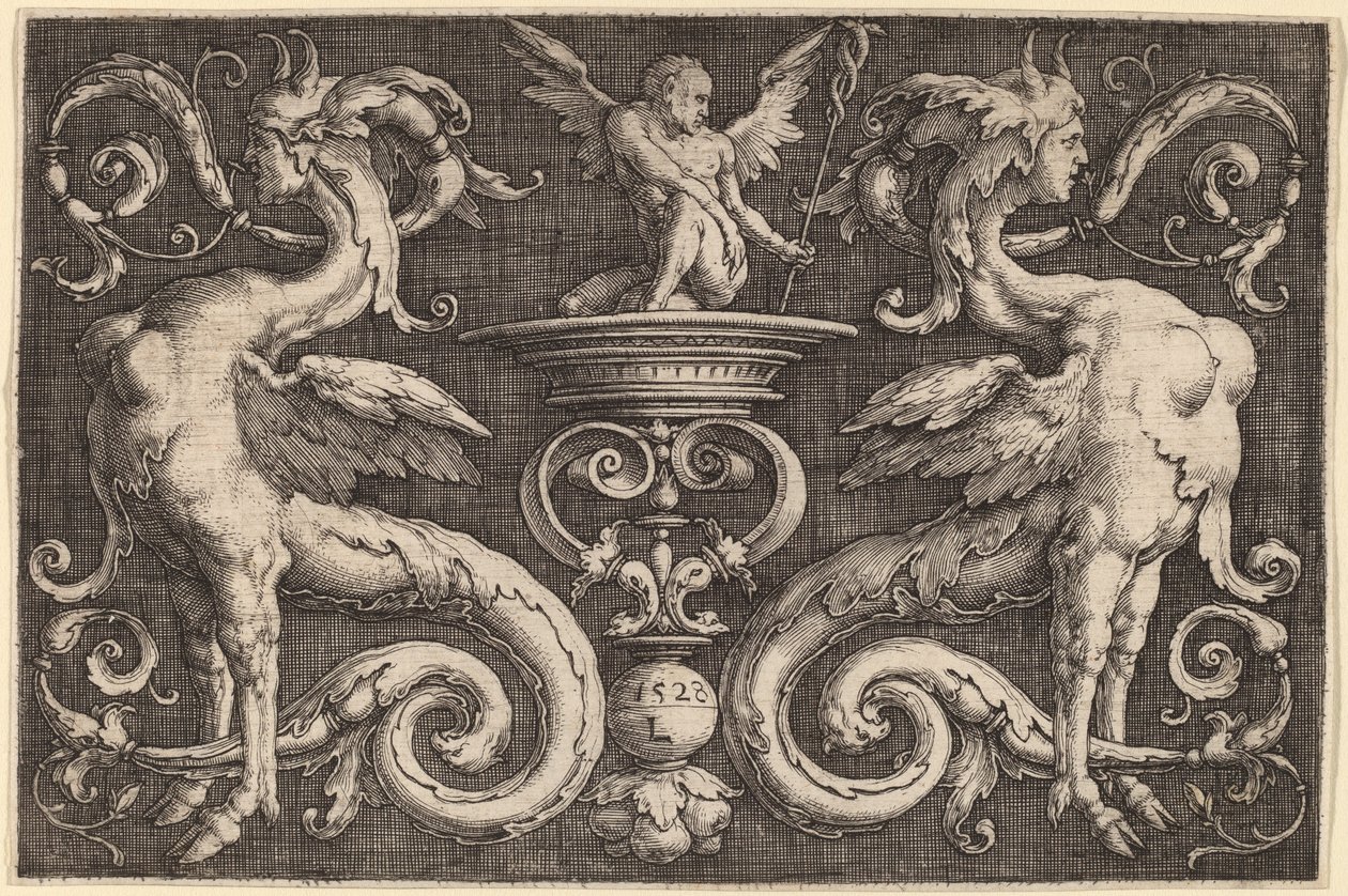 Ornament met Twee Sfinxen en een Gevleugelde Man door Lucas van Leyden