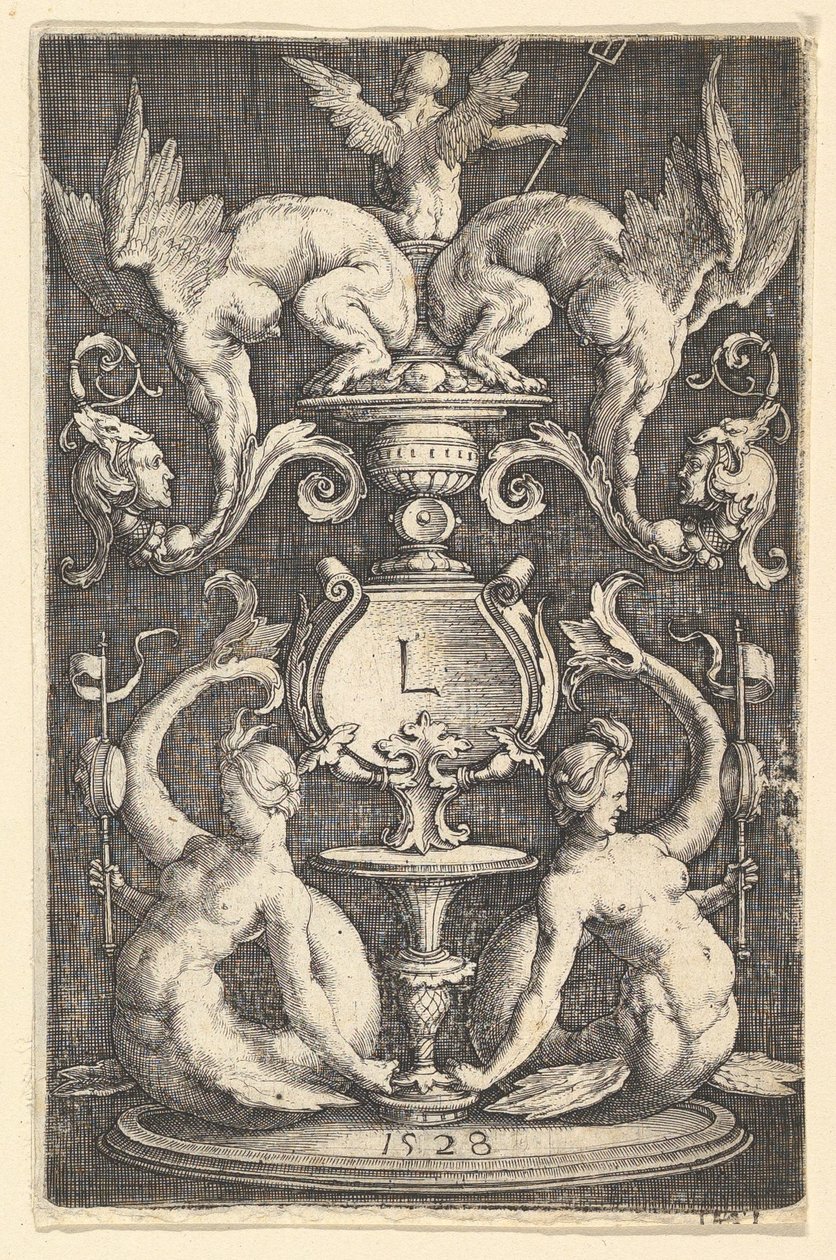 Paneel van ornament met twee sirenen door Lucas van Leyden