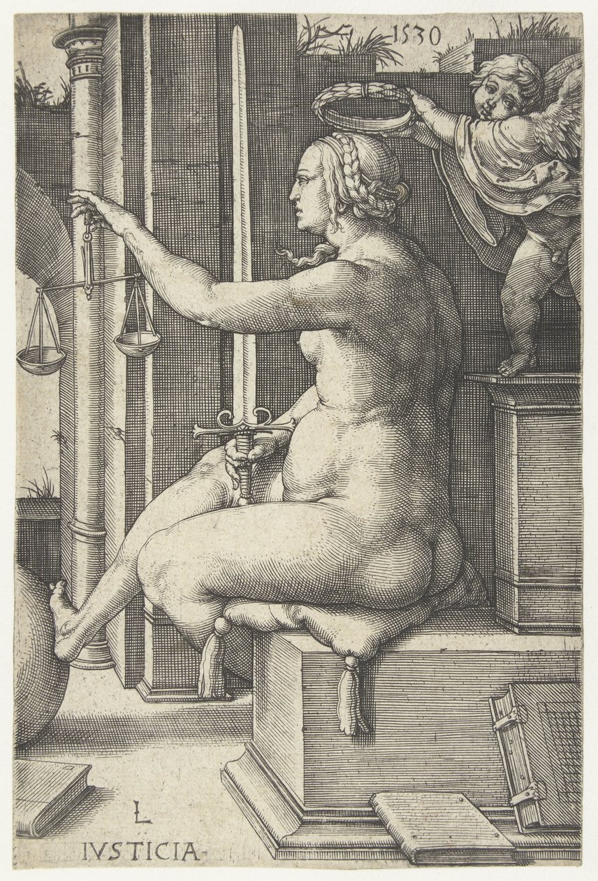 Rechtvaardigheid Iusticia (titel op object) Zeven Deugden (serietitel) door Lucas van Leyden