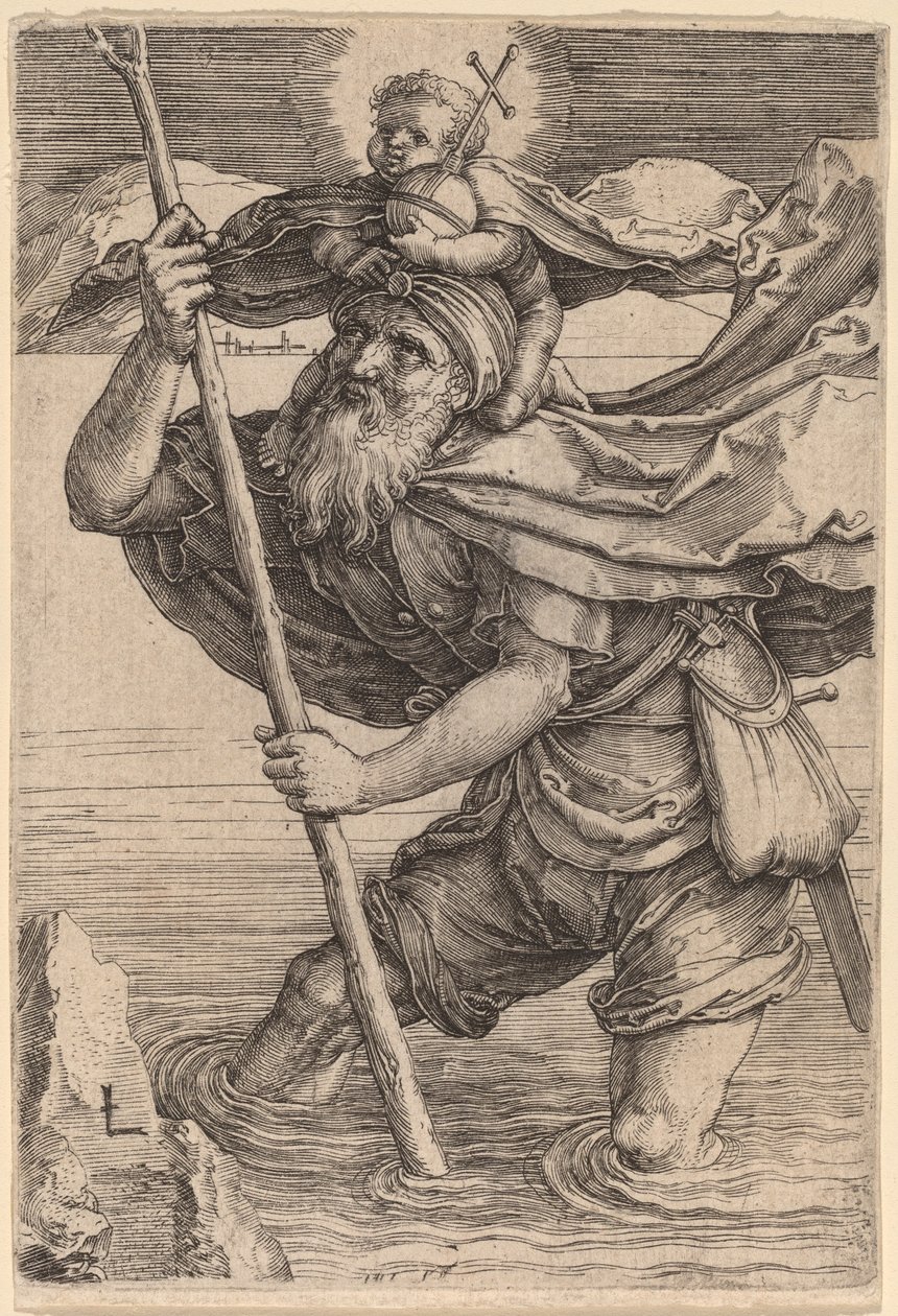 Sint Christoffel draagt het Christuskind door Lucas van Leyden