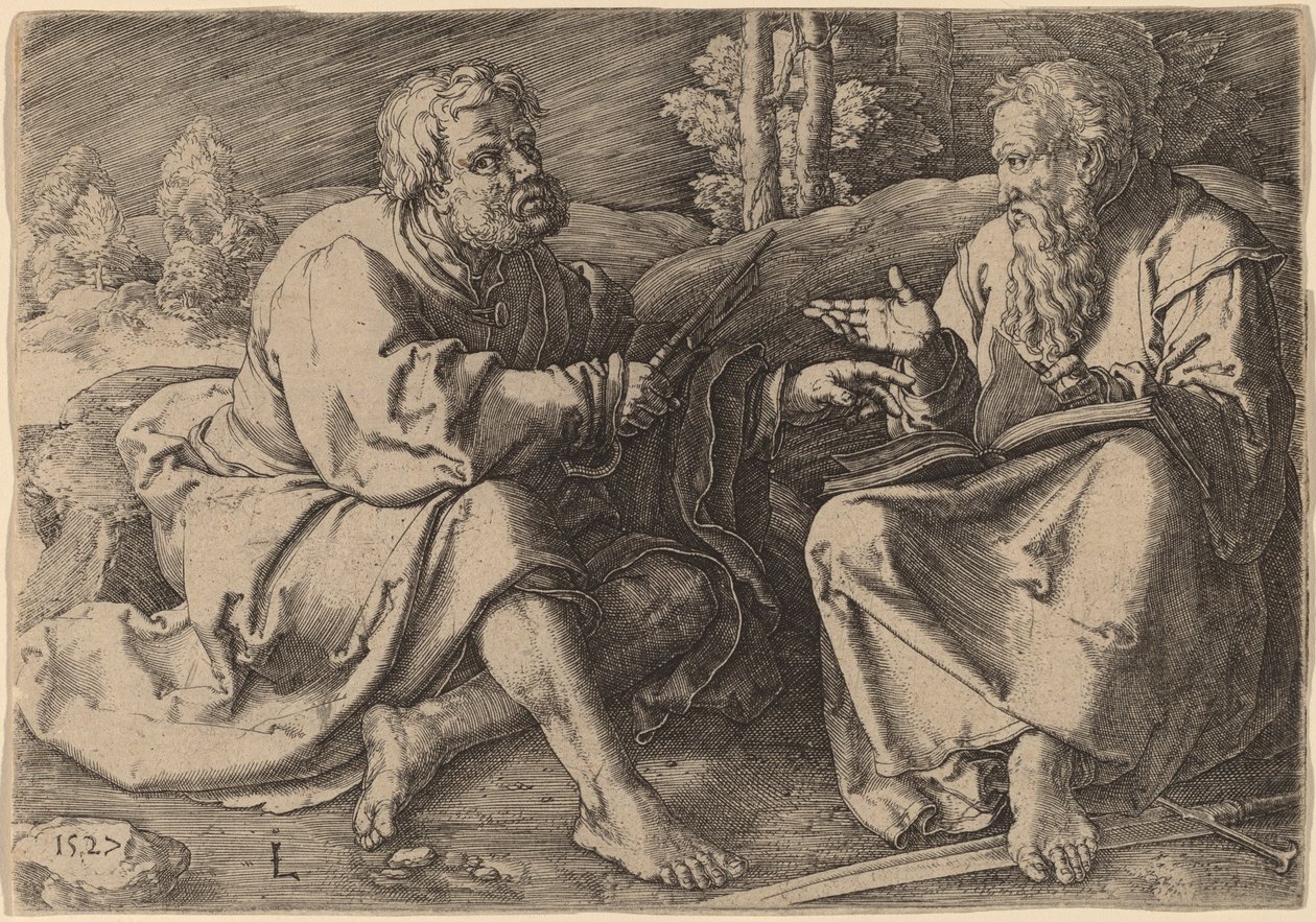 Heiligen Petrus en Paulus zittend in een landschap door Lucas van Leyden