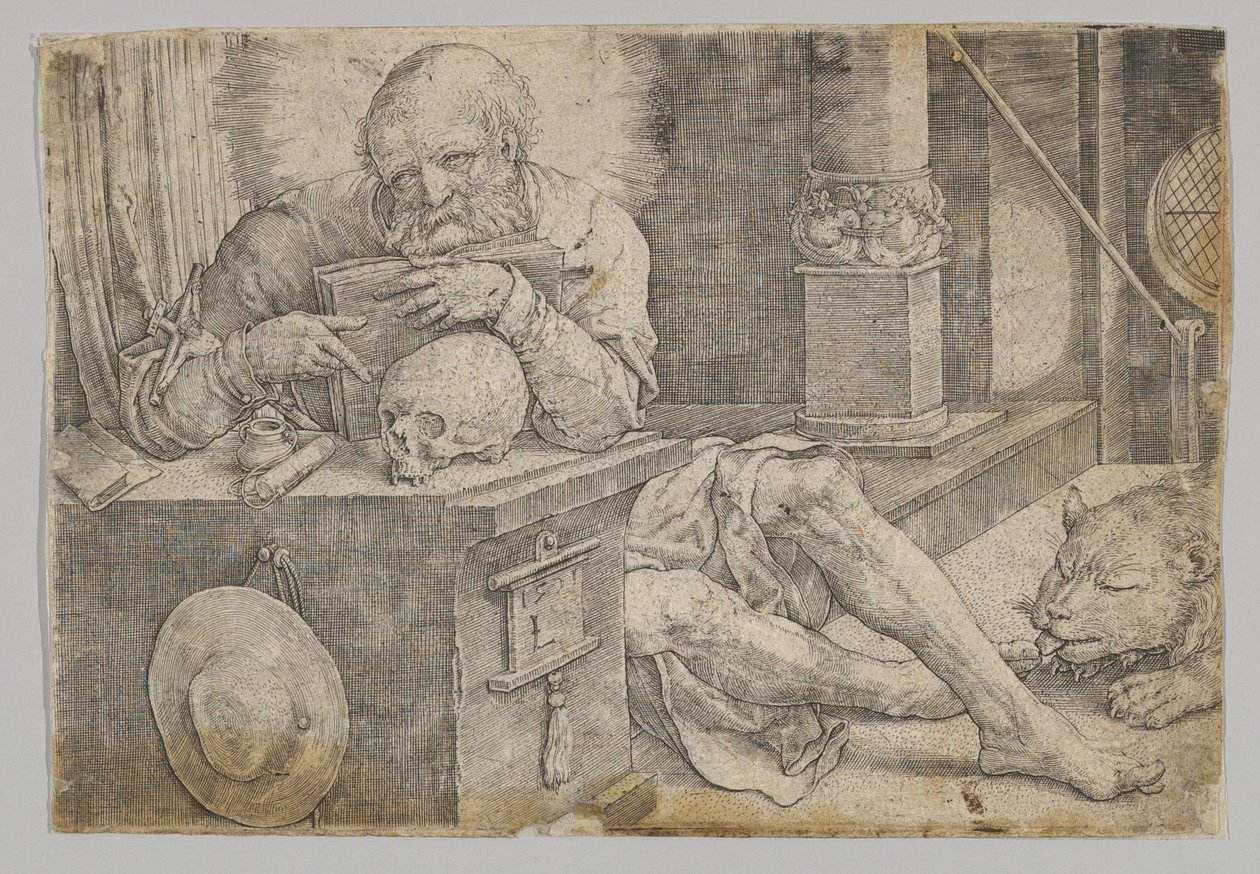Sint-Hiëronymus in zijn studeervertrek door Lucas van Leyden
