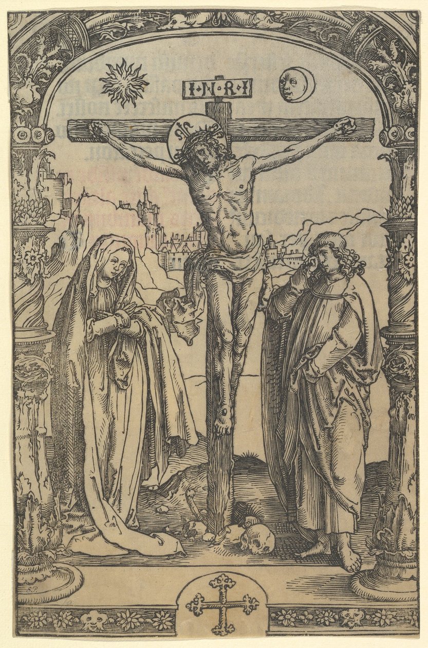 De kruisiging, gebruikt in Missale Traiectense door Lucas van Leyden