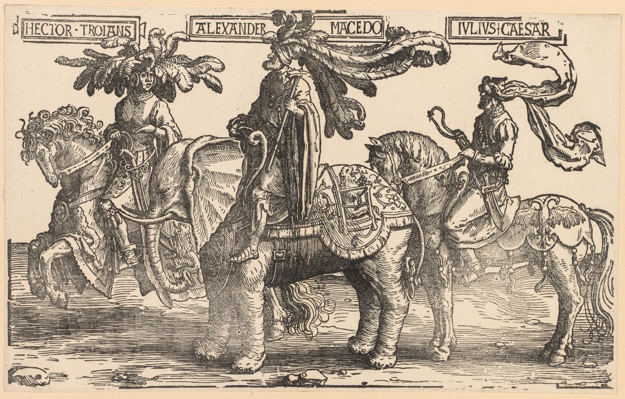 De Negen Helden: Hector van Troje, Alexander van Macedonië, Julius Caesar, 1515-1517 door Lucas van Leyden
