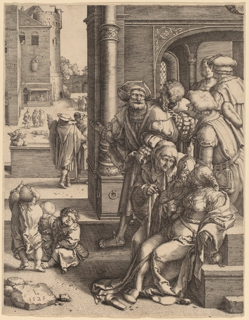 De dichter Virgil opgehangen in een mand door Lucas van Leyden