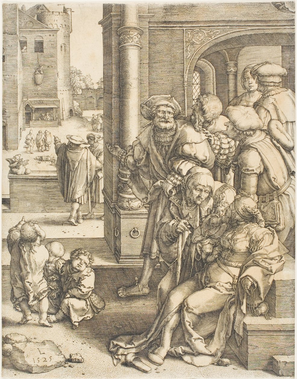 De dichter Vergilius opgehangen in een mand door Lucas van Leyden